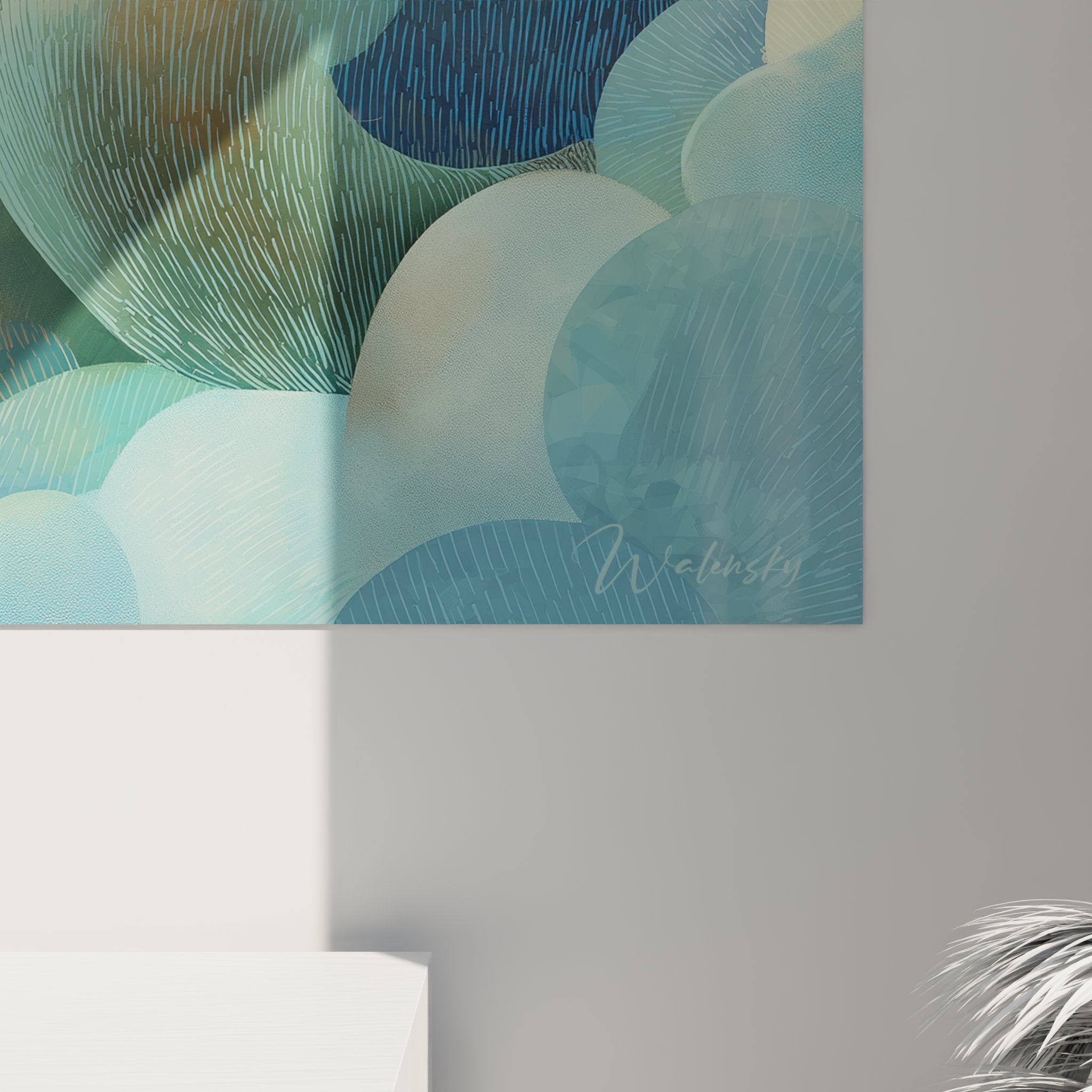 Vue ensemble tableau mural chat endormi nuages, decoration moderne salon chambre style apaisant