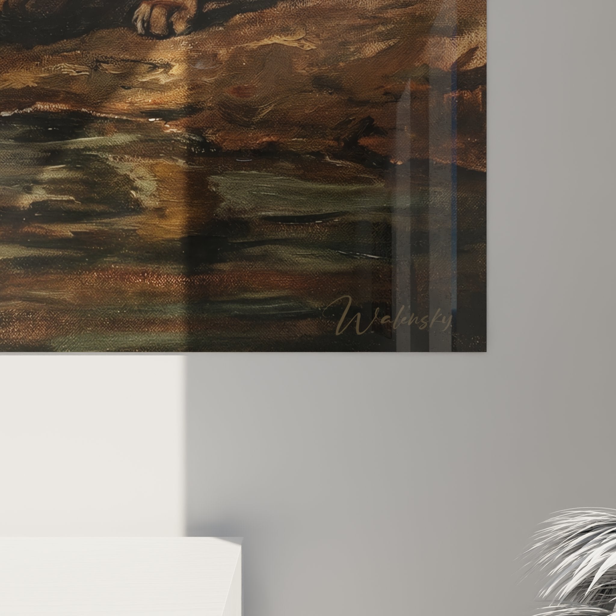 Vue ensemble tableau mural chat Chausie scene savane crocodile decoration interieure art animalier