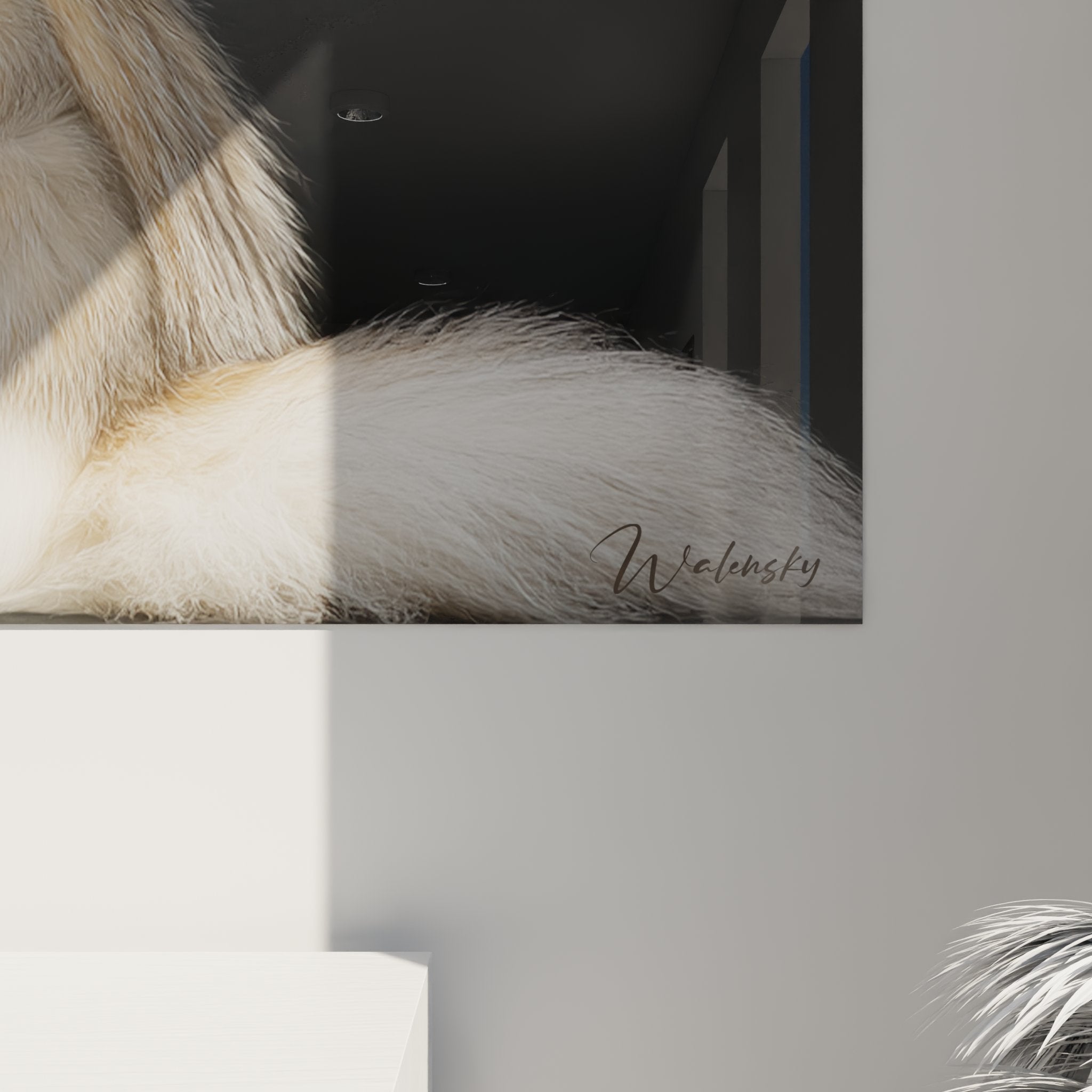 Overview of Turkish Angora wall art in contemporary living room, refined ambiance