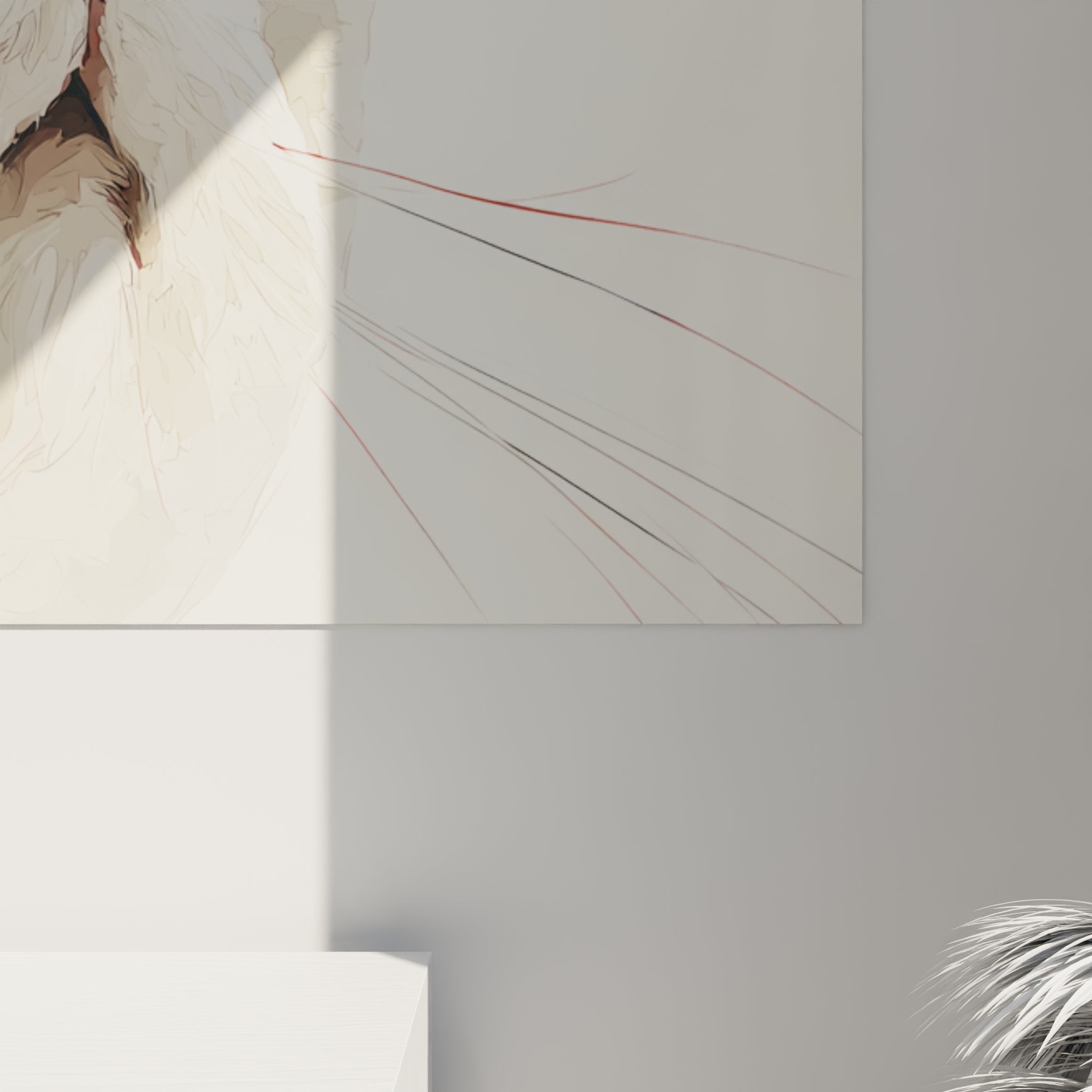Overview of contemplative Scottish Fold cat wall art, modern feline art in beige and amber tones