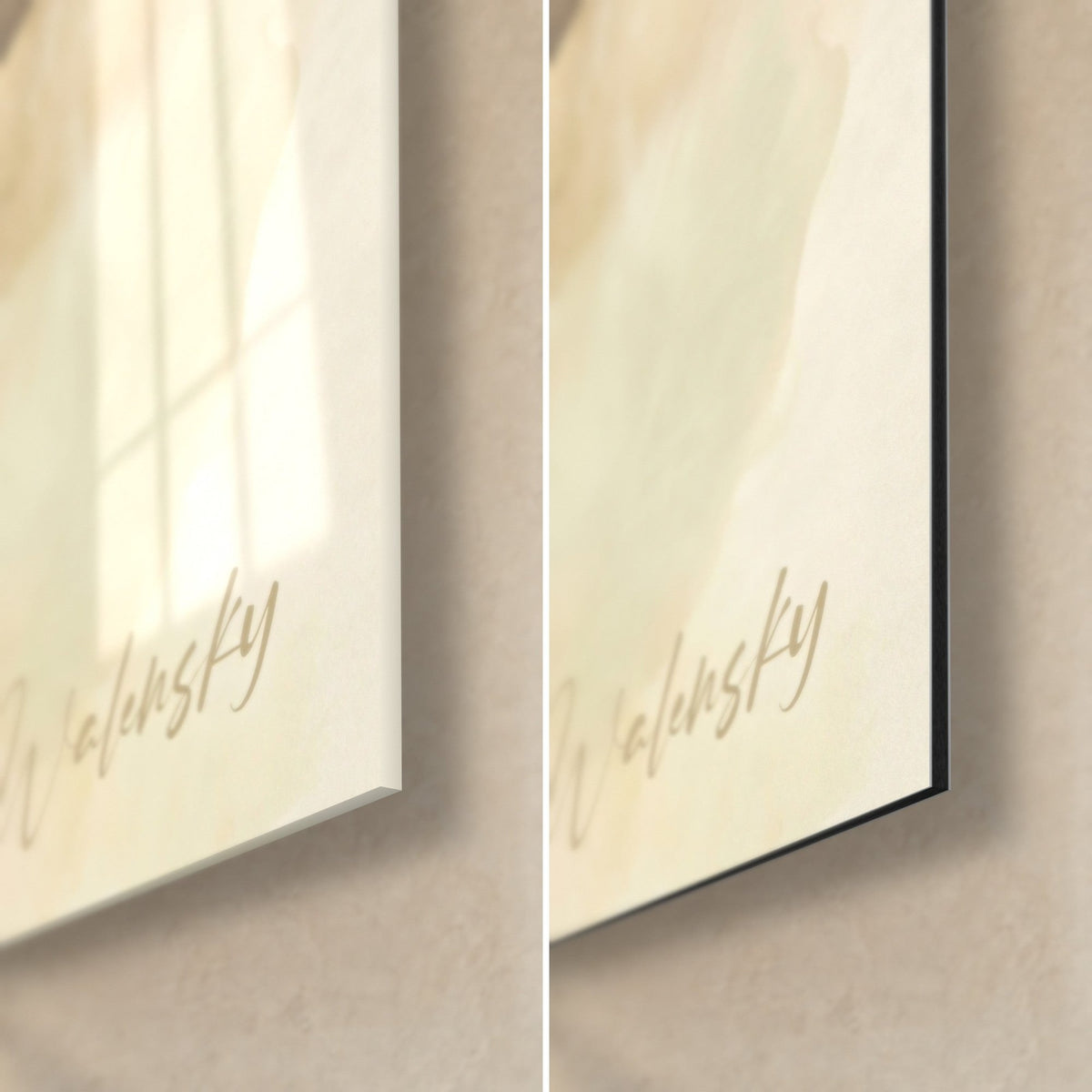 Wall art Angora cat portrait, bottom right corner, gold Walensky signature, glossy acrylic glass and matte black Dibond aluminum