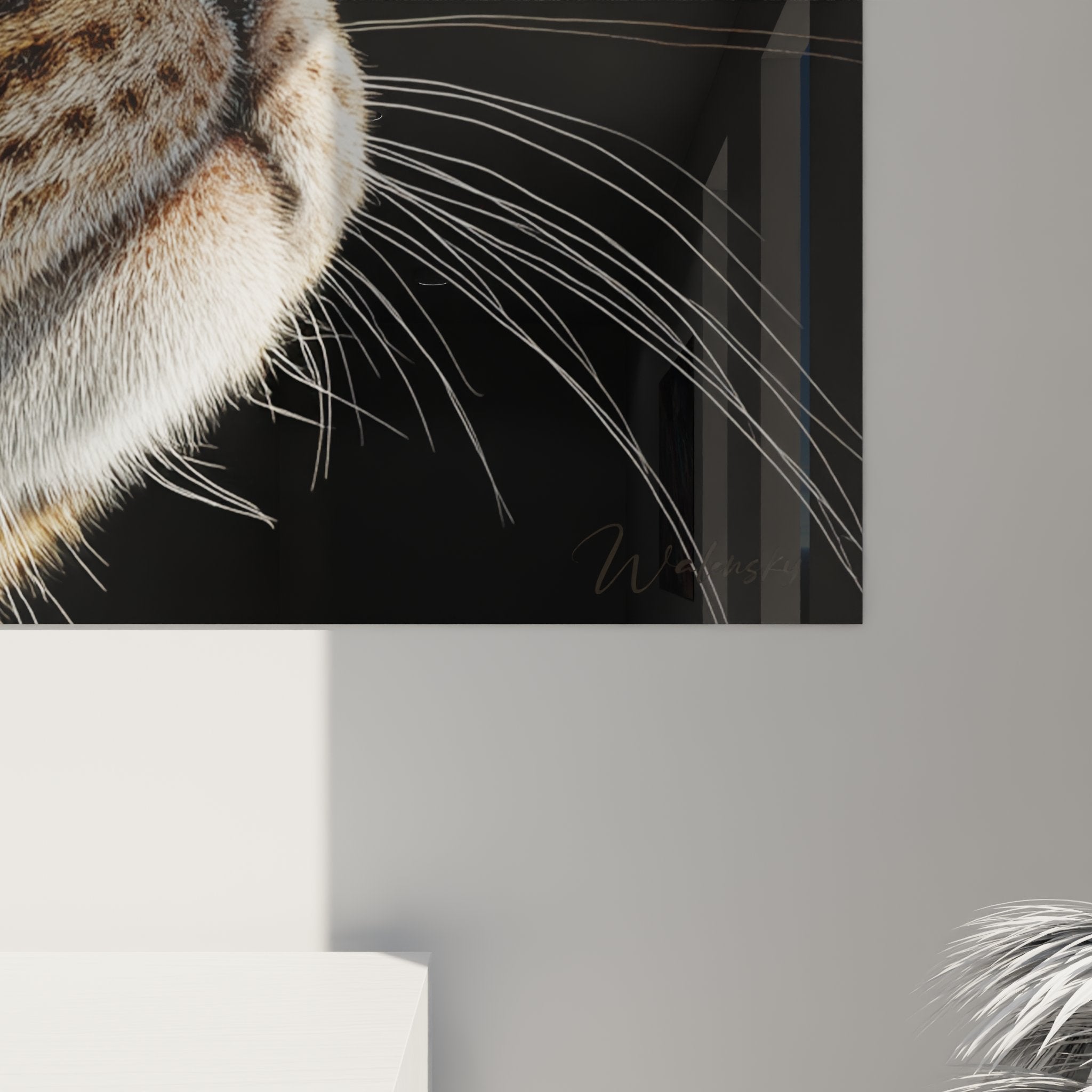 Vue ensemble tableau mural chat Bengal portrait contemplatif décoration murale art félin design intérieur moderne