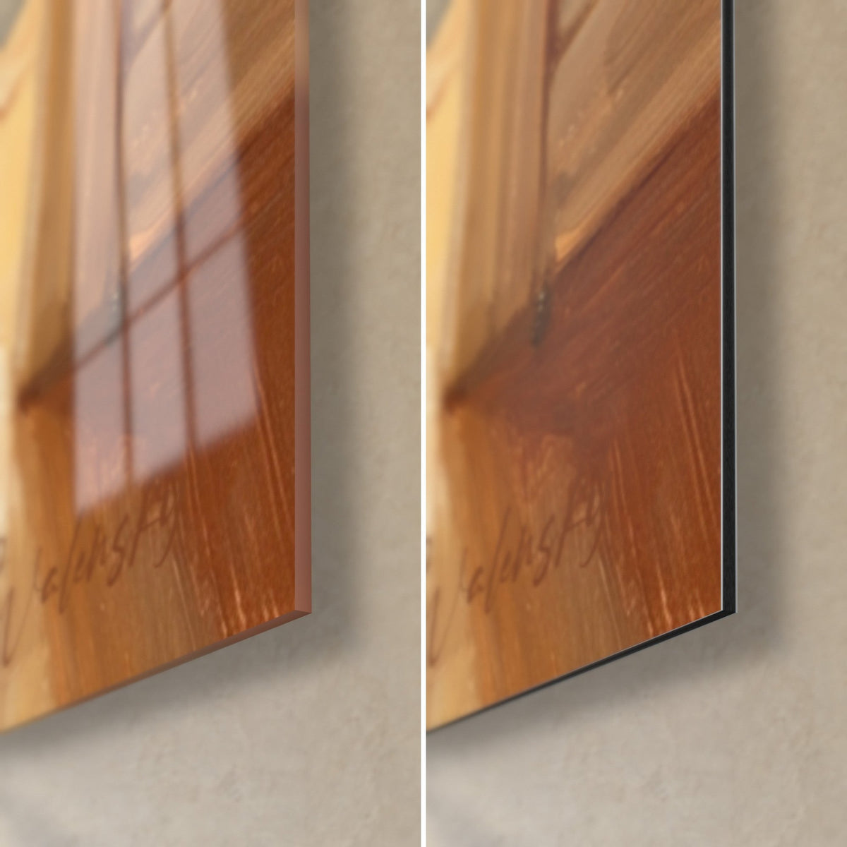 Tableau chat balinais, coin bas droit : verre acrylique brillant aux reflets à gauche, alu Dibond mat ocre à droite, tranche de 3 mm