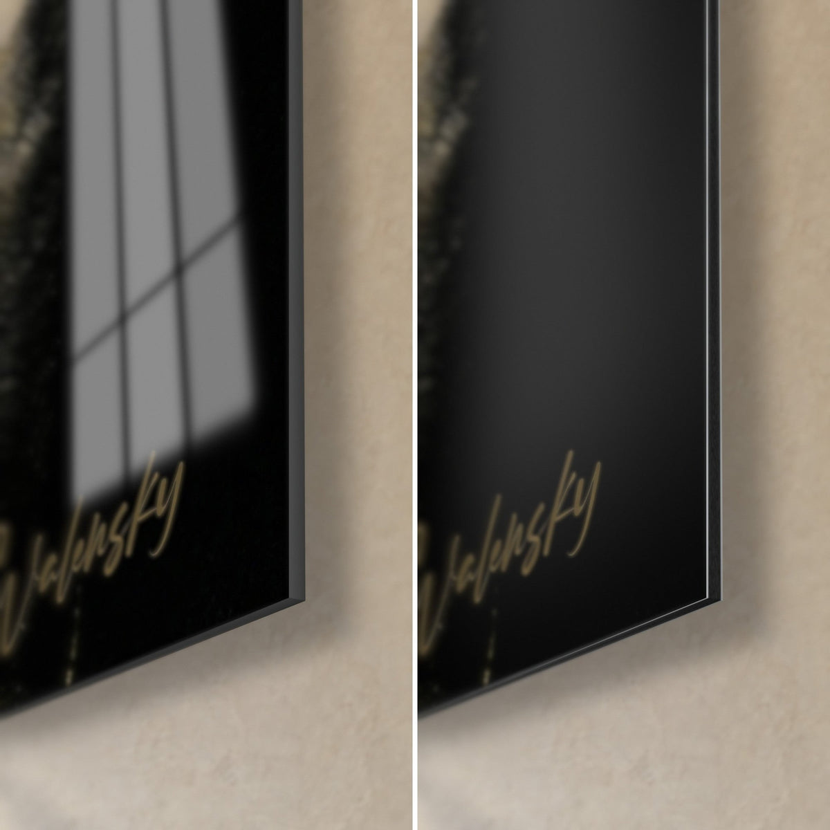 Cuadro gato negro y dorado, esquina inferior derecha: vidrio acrílico brillante con reflejos de ventana, Dibond negro mate, canto de 3 mm