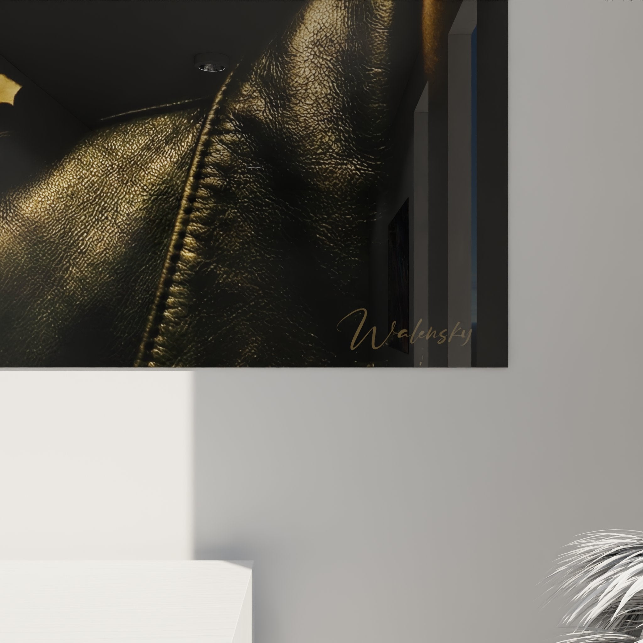 Gesamtansicht Wandbild Cornish Rex modernes Inneneinrichtungs-Kunstwerk Felinen-Silhouette Bernsteinlicht