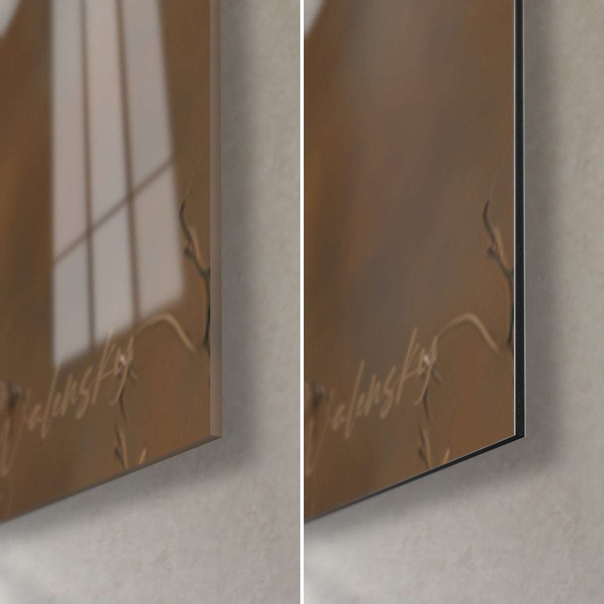 Gemälde Porträt einer langhaarigen Katze, untere rechte Ecke: glänzendes Acrylglas links, matt braunes Dibond rechts, 3 mm Kante