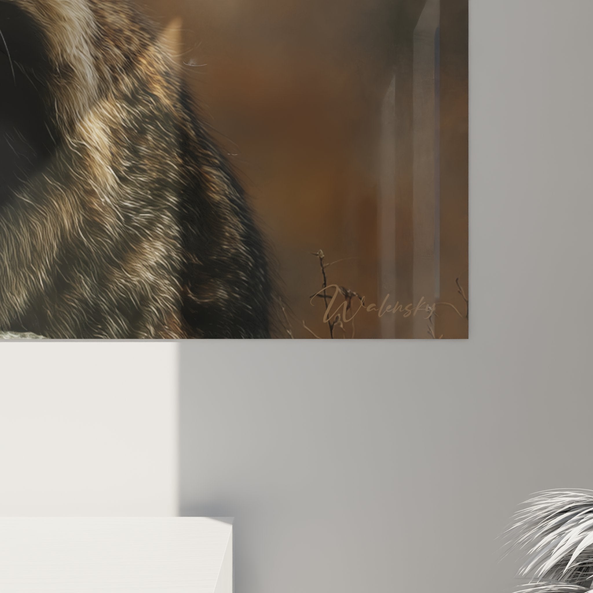 Vue ensemble tableau chat American Bobtail accroche au mur salon decoration interieur elegant