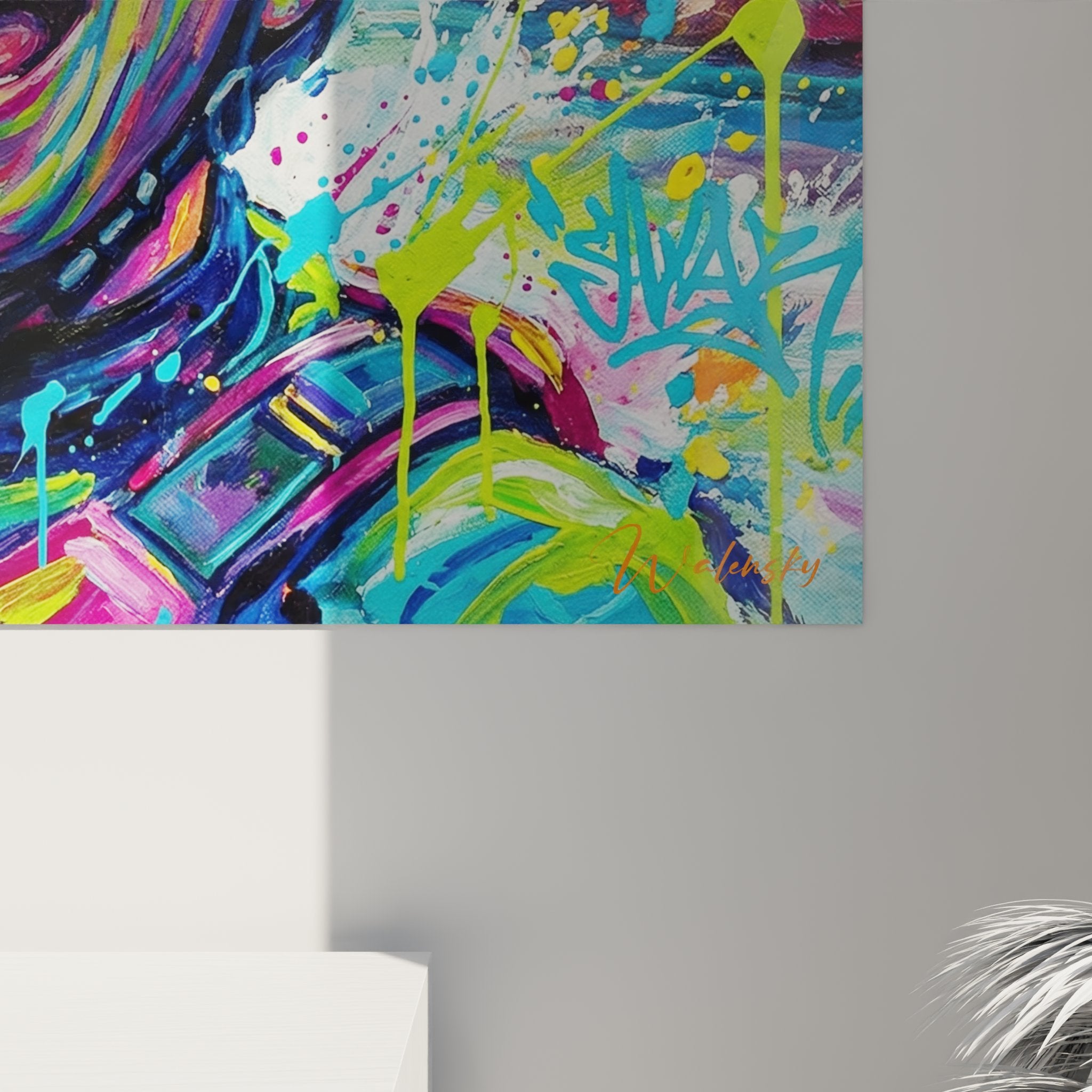 Overview of rafting wall art, triumphant rafter, explosion of blue green pink yellow colors