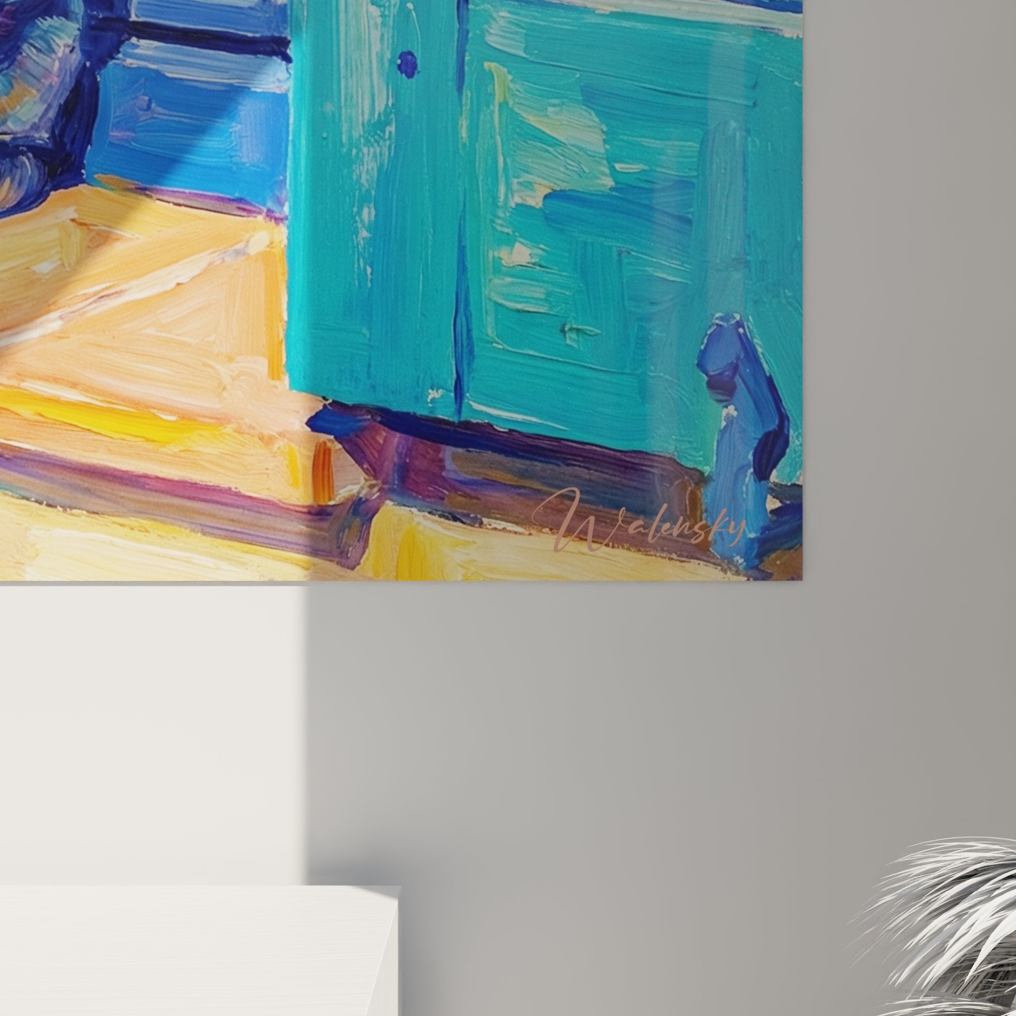 Vue d'ensemble tableau mural chat fenêtre bleue, art décoratif méditerranéen