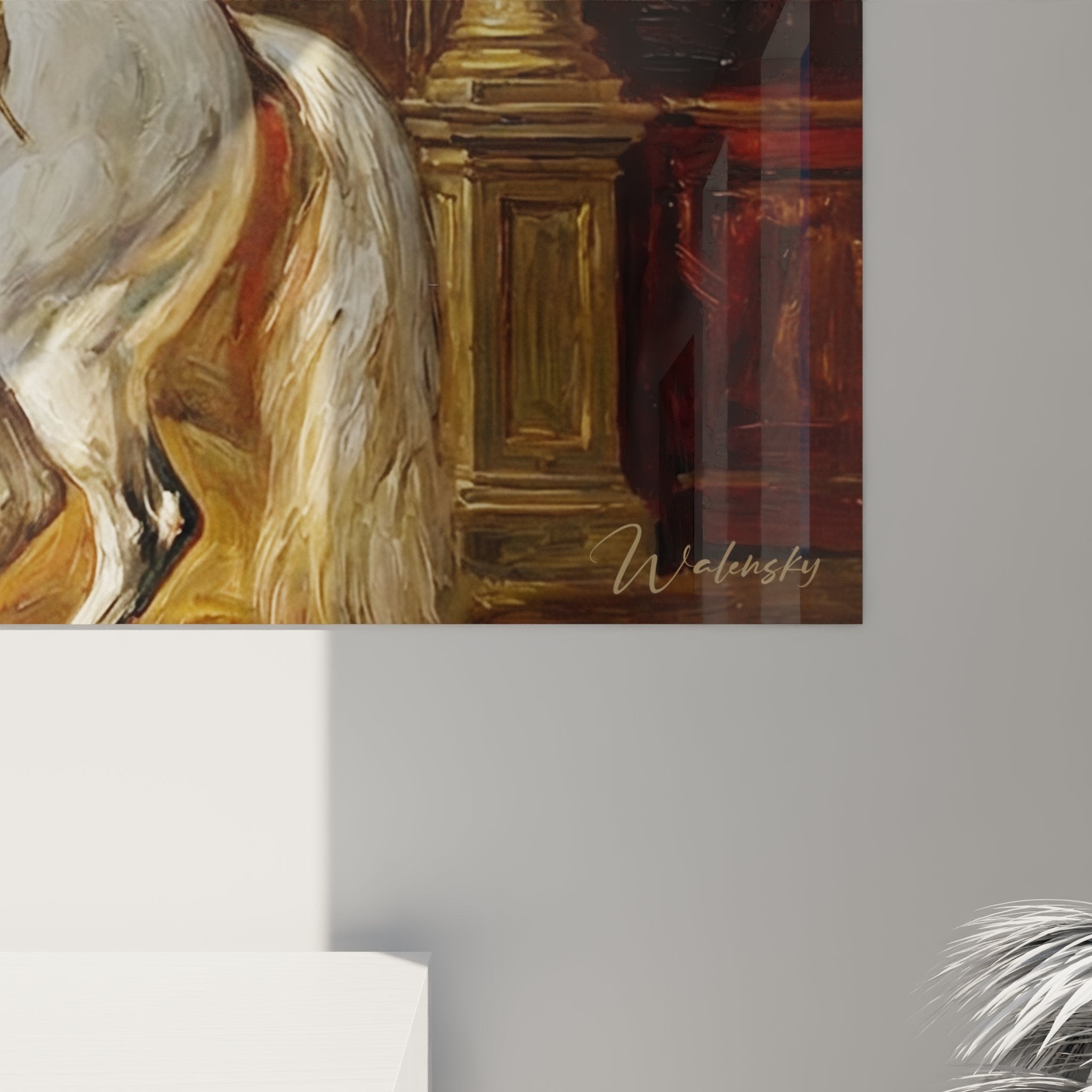 Gesamtansicht Kunstgemälde Reiterei königlicher Reiter weißes Pferd neoklassische Architektur