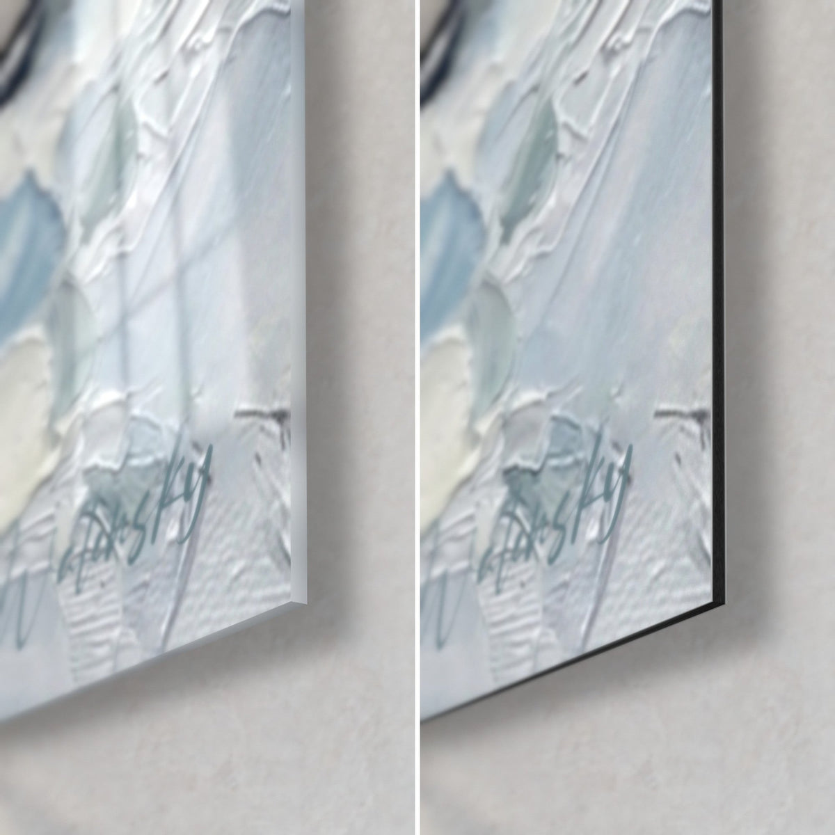 Wall art paddler on icy waters, bottom right corner: pale blue and white impasto strokes, Walensky signature, glossy glass and matte Dibond