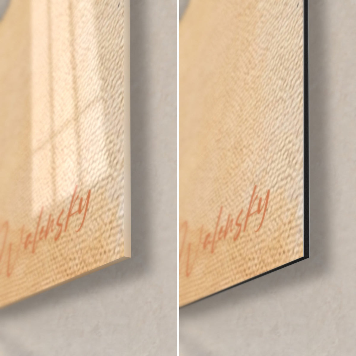 Gemälde eines Sprinters in vollem Lauf, beige Struktur der Leinenrückseite und orangefarbene Signatur, Ecke aus glänzendem Glas und mattem Dibond
