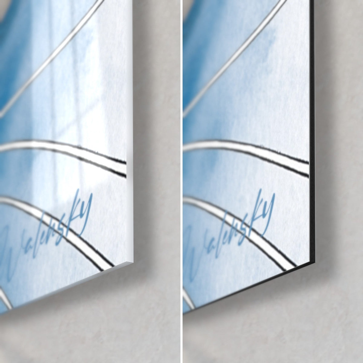 Tableau chat bleu et signature Walensky, coin bas droit : verre acrylique brillant et alu Dibond mat, tranche 3 mm
