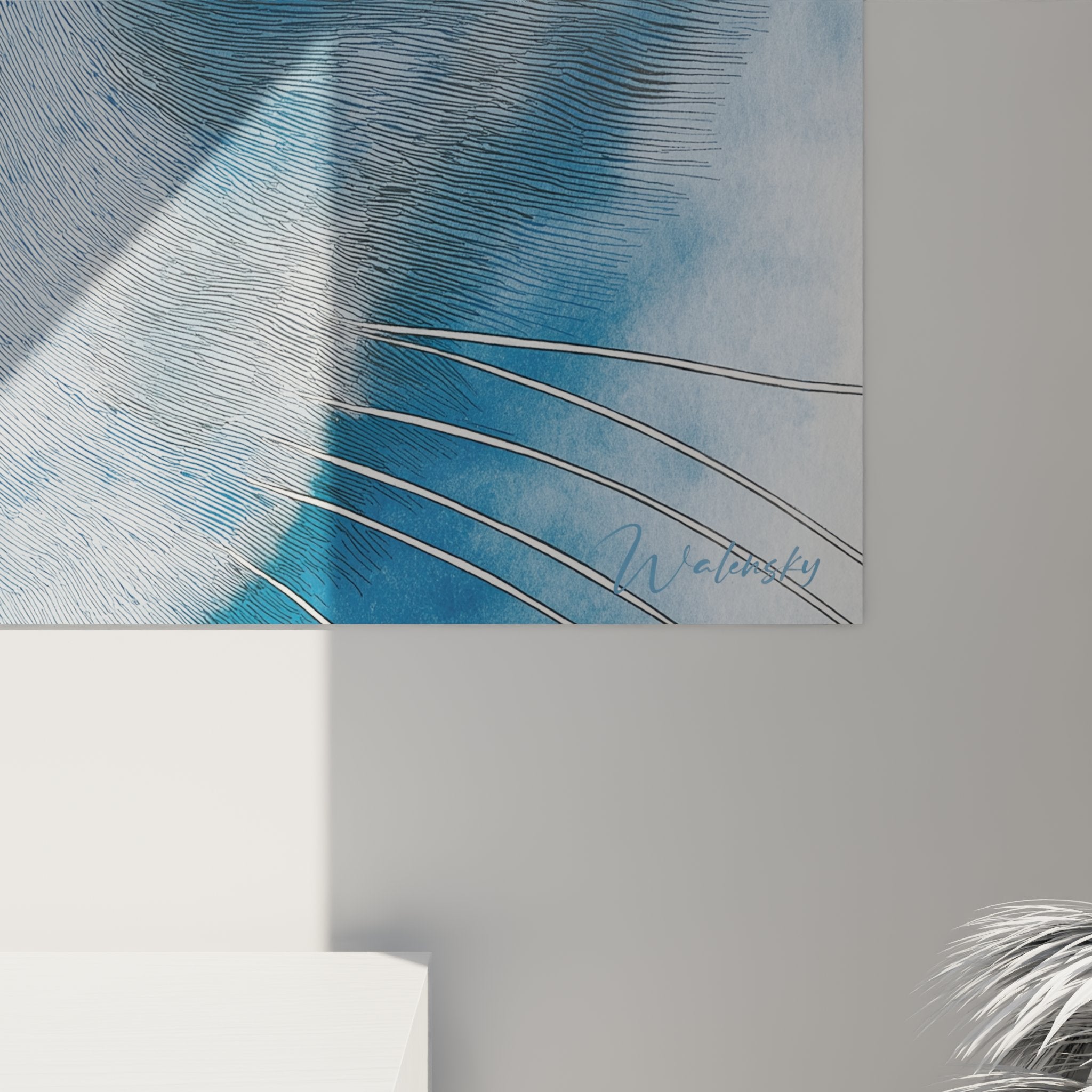 Vue d'ensemble du tableau chat bleu Russian Blue dans un interieur contemporain, art mural elegant