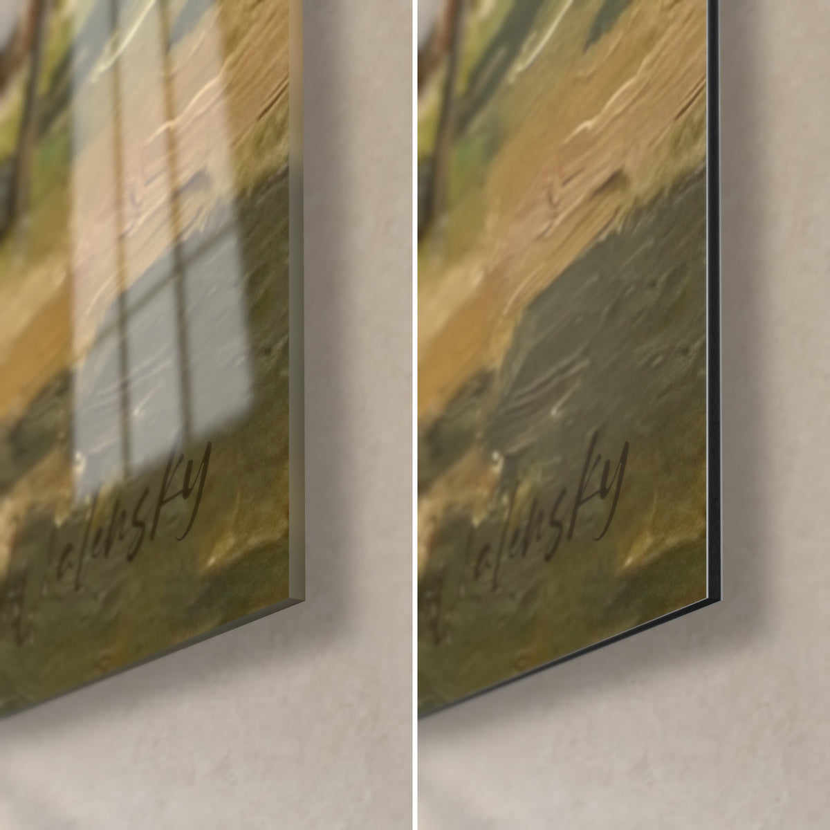 Oil painting of a stone house, bottom right corner signed Walensky, glossy acrylic glass on the left, matte Dibond aluminium on the right