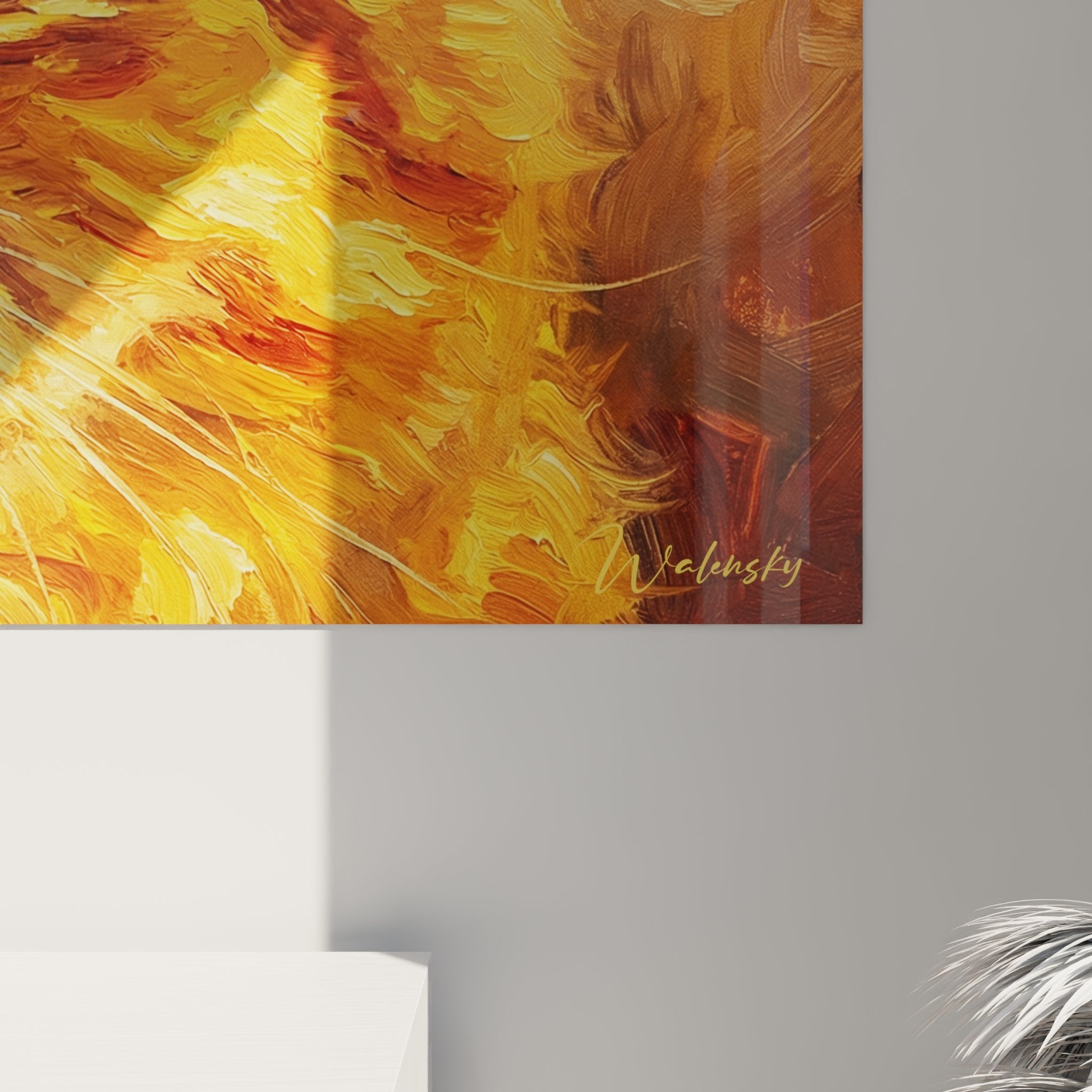 Vista d'insieme quadro murale gatto Exotic Shorthair tonalità calde, arte felina per decorazione d'interni