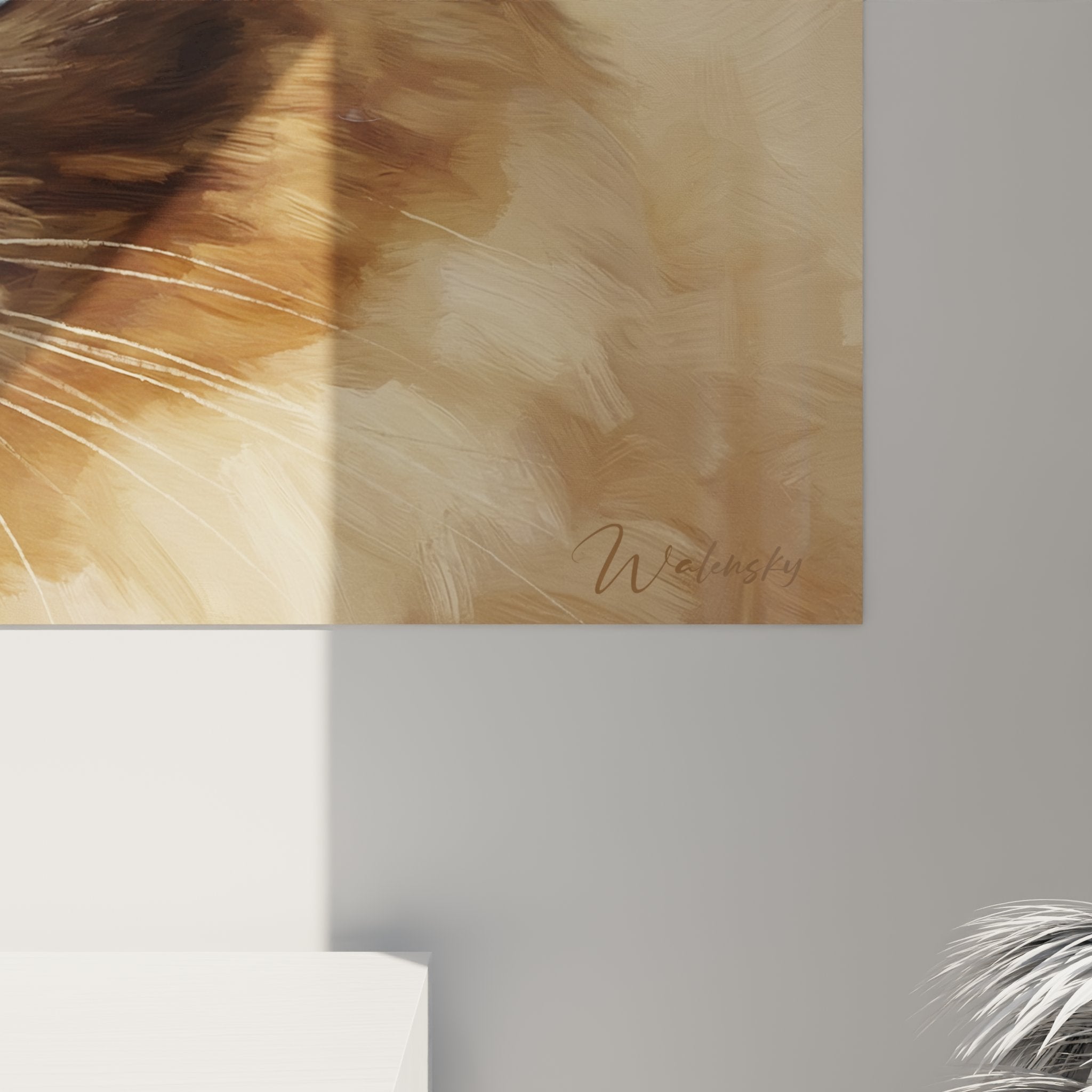 Vista generale quadro murale gatto birmano con occhi blu, opera d'arte felina per decorazione interna