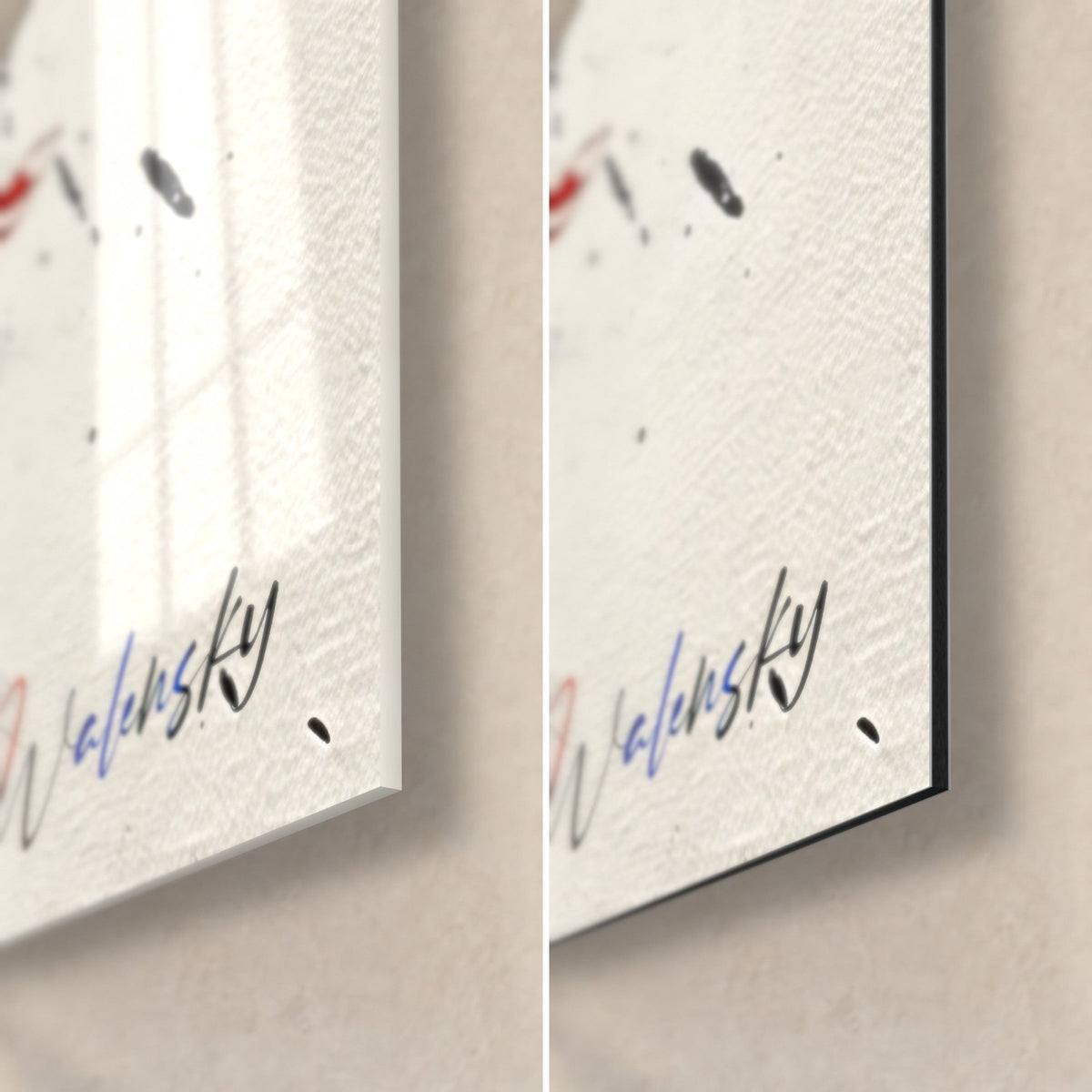 Wall art abstract painting with Walensky signature, bottom right corner: glossy acrylic glass on the left, matte black Dibond on the right