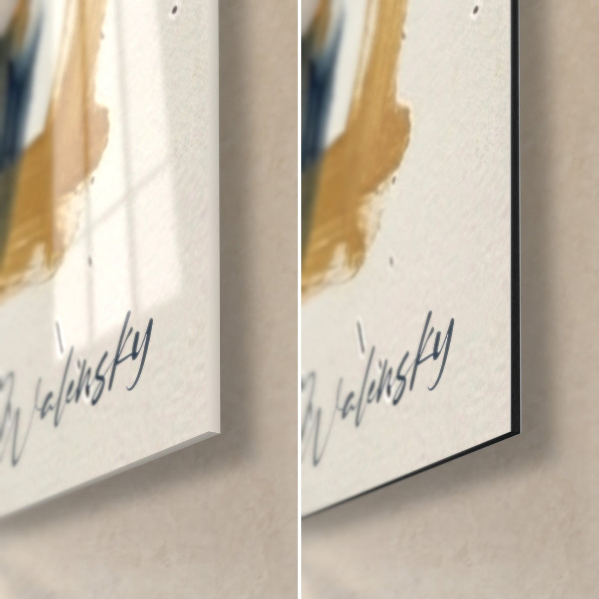 Tableau skateboard abstrait, coin bas droit : verre brillant à reflets et Dibond mat noir, signature Walensky, ocre et beige