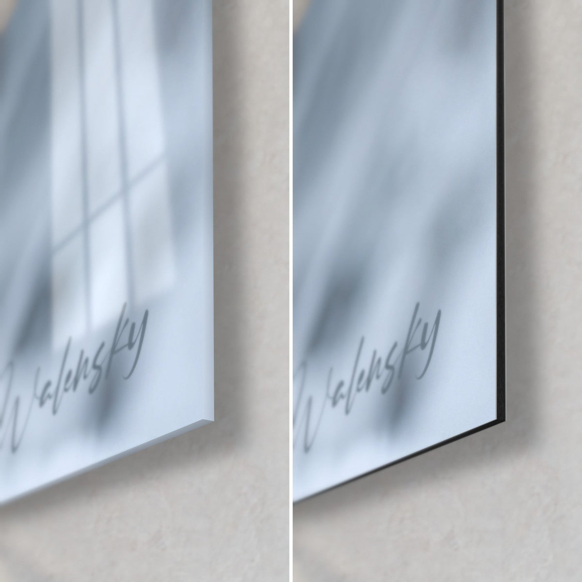 Wall art of a grey kitten with medium-length fur, bottom right corner: glossy acrylic glass on the left, matt white Dibond on the right, 3 mm edge