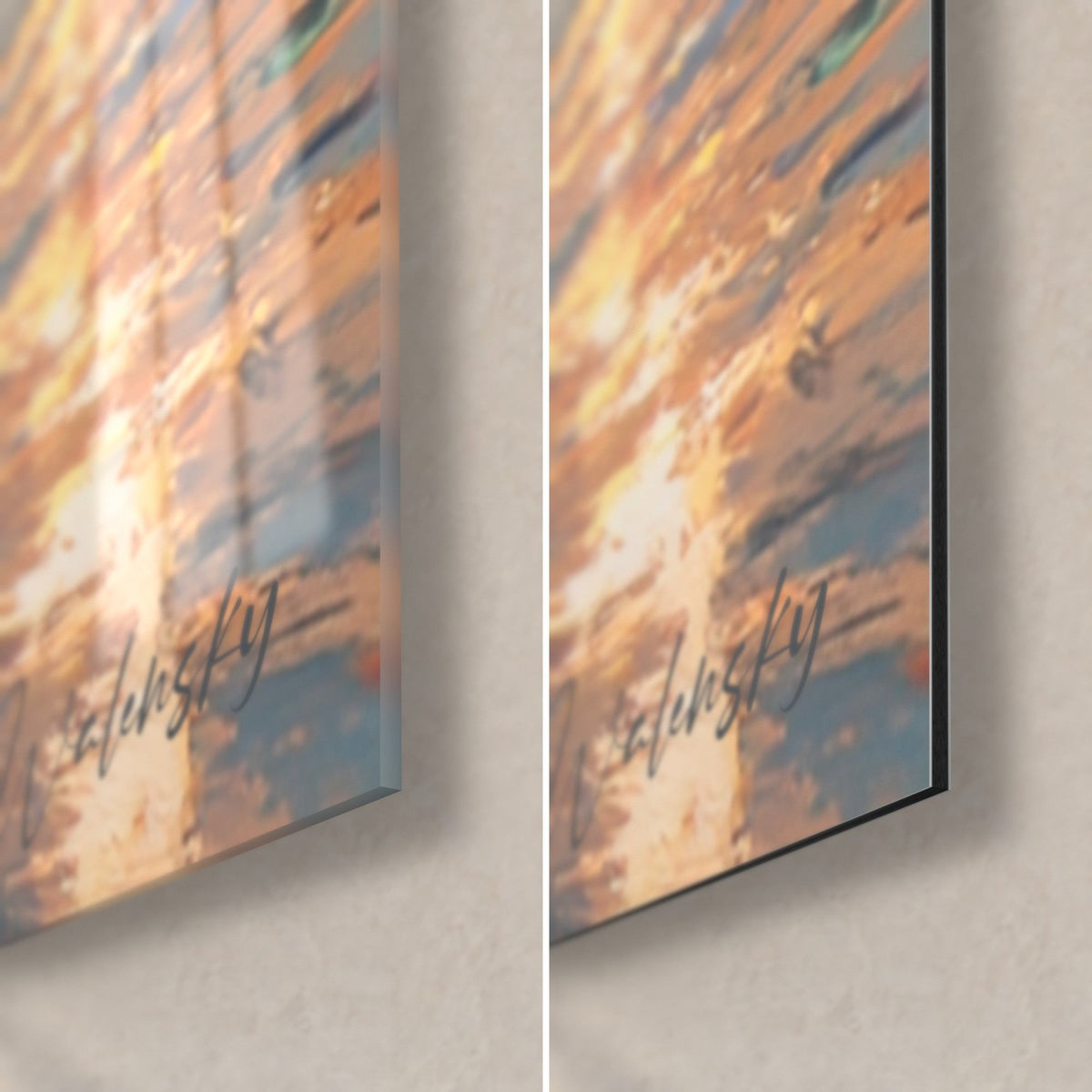 Wall art surfer in black shorts, bottom right corner in glossy acrylic glass with golden reflections and matte black Dibond aluminium