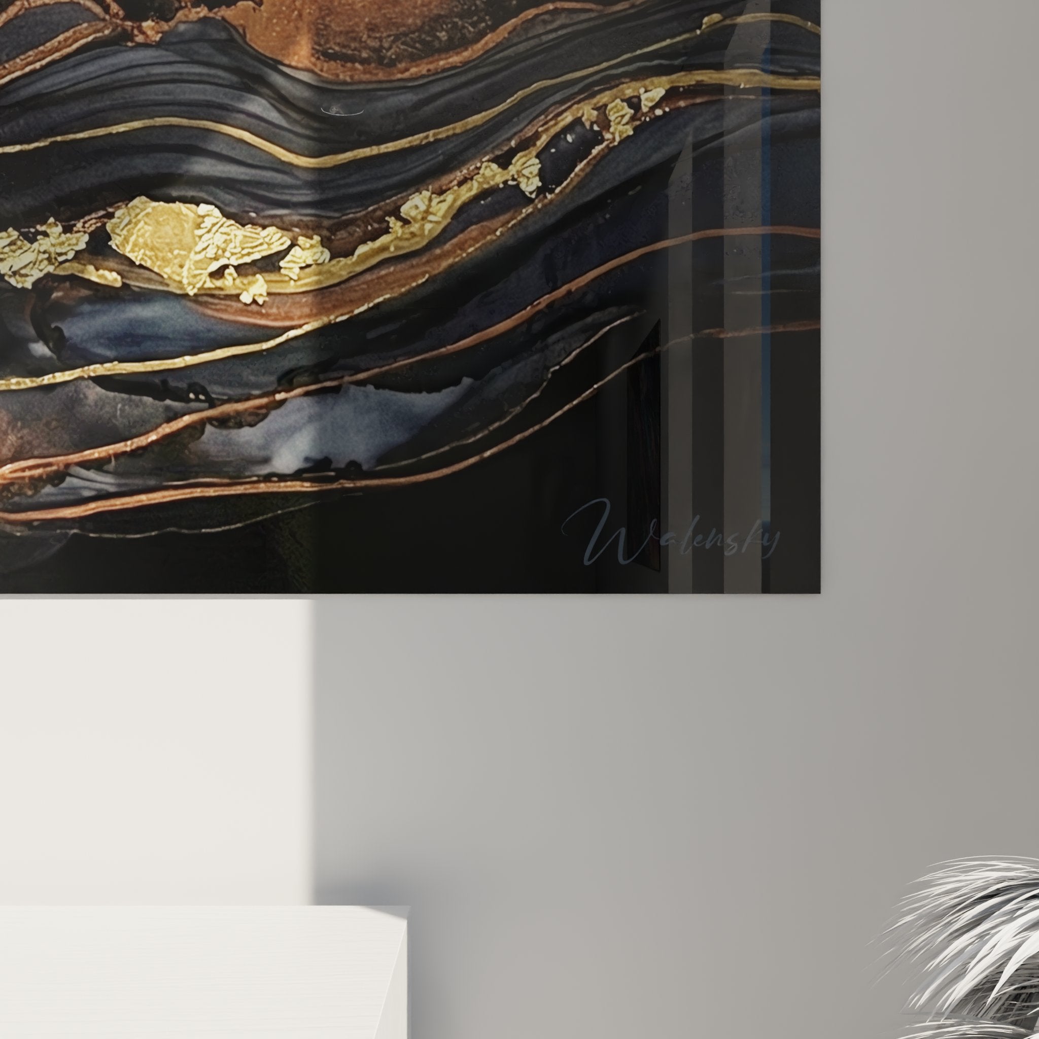 Vue d'ensemble tableau art abstrait flux organiques, oeuvre murale moderne tons dores et noirs