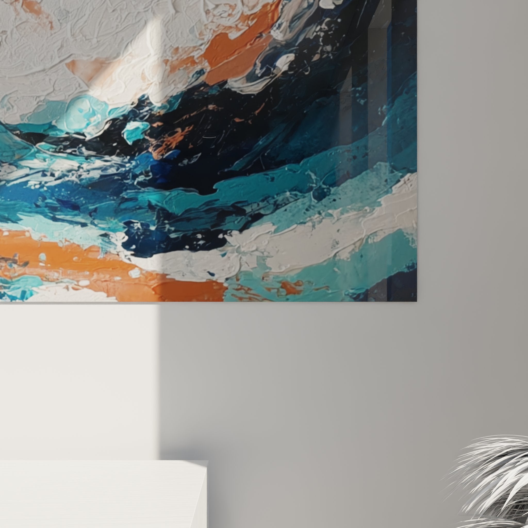 Vue d'ensemble du tableau surf art représentant un rider dans une vague stylisée aux tons bleus et cuivrés