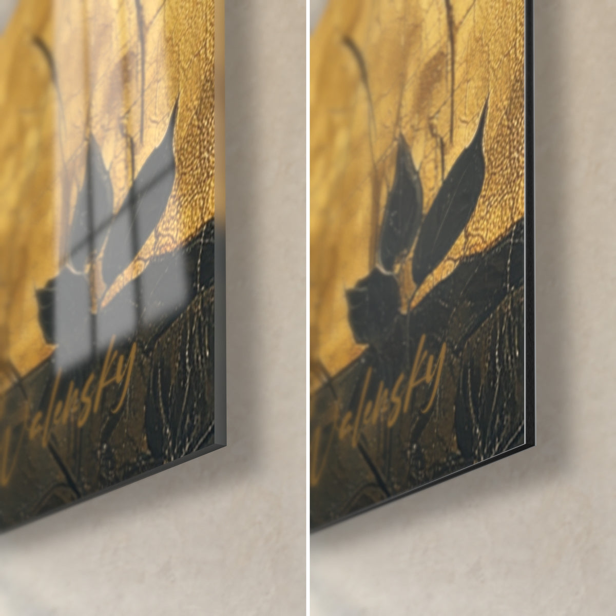 Wall art ebony cat silhouette, lower right corner partly glossy acrylic glass with reflections, partly matte Dibond aluminium, 3 mm edge, golden background