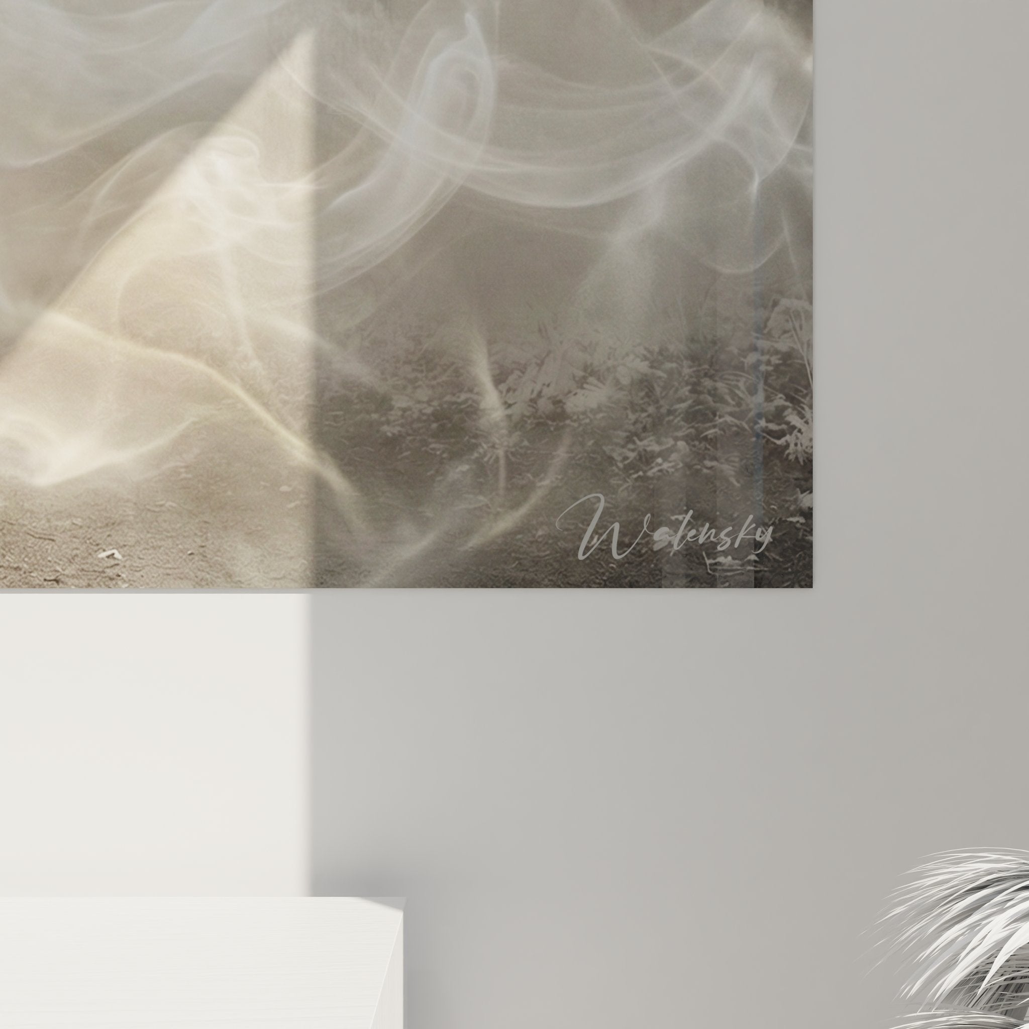 Vue d'ensemble tableau art de chasse dans salon, chasseur et chiens dans atmosphère surnaturelle et forestière