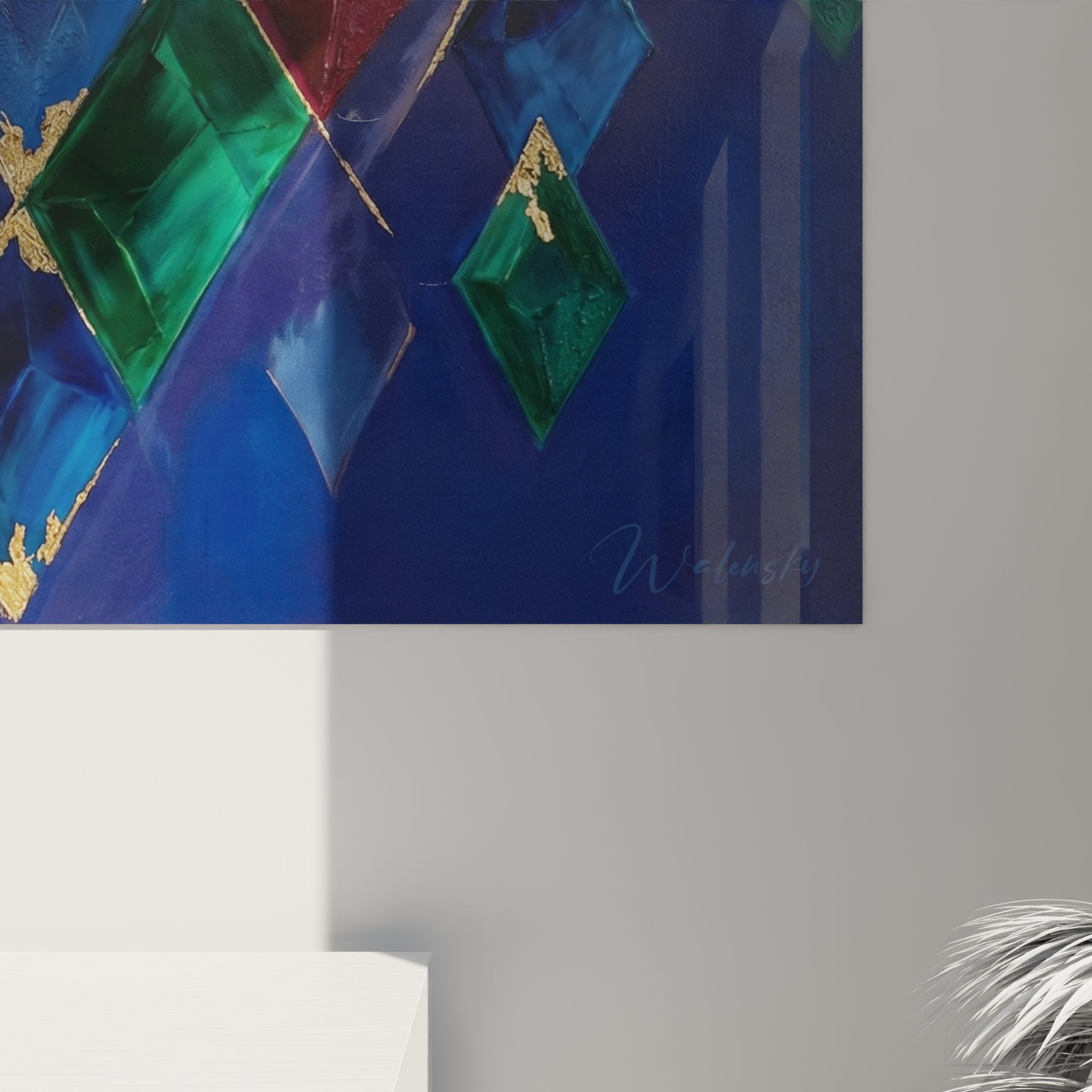 Vue ensemble tableau mural arlequin geometrique art contemporain cirque losanges colores decoration interieure