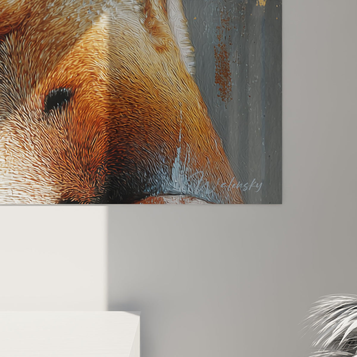 Übersichtsansicht des Abyssinischen Katzenauge-Kunstdrucks in einem Interieur, dekorative Wandgestaltung