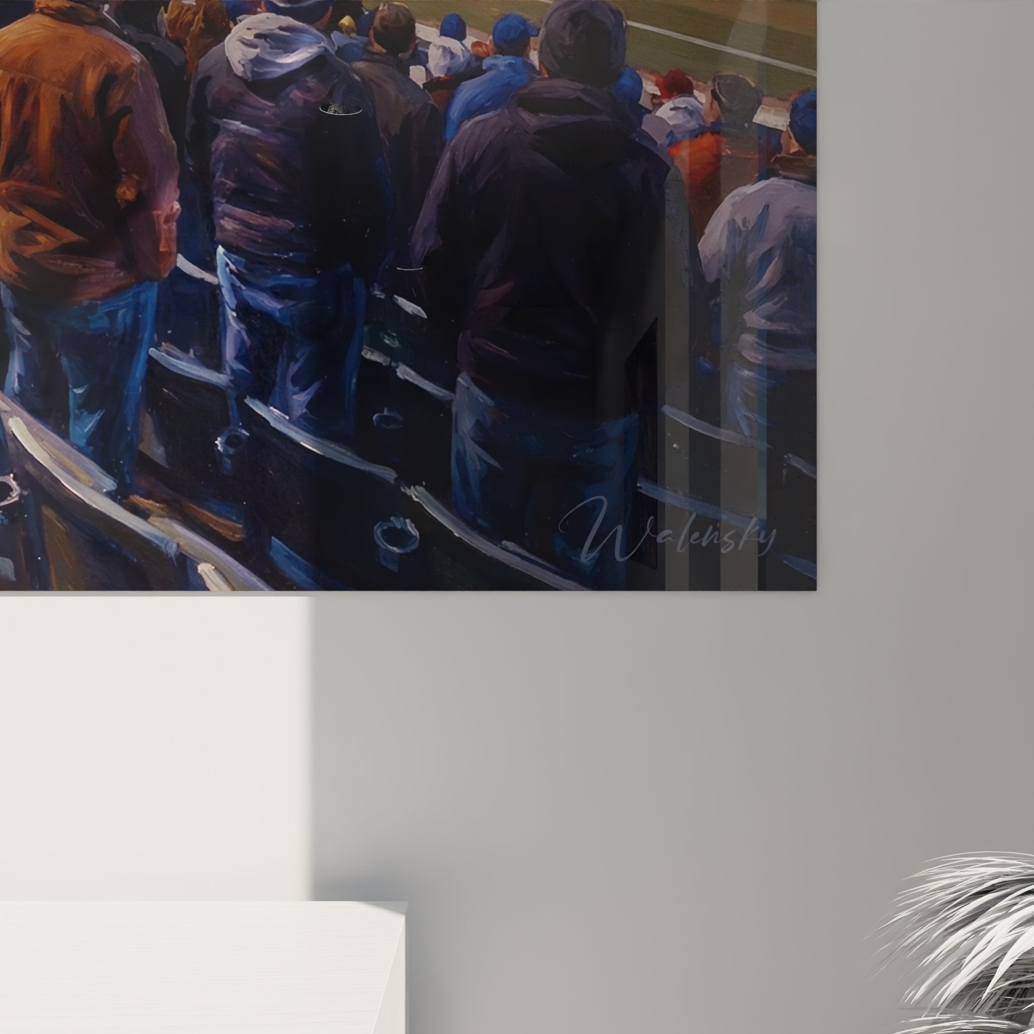 Vue d'ensemble tableau stade baseball crepuscule avec architecture imposante et ciel violace en arriere-plan