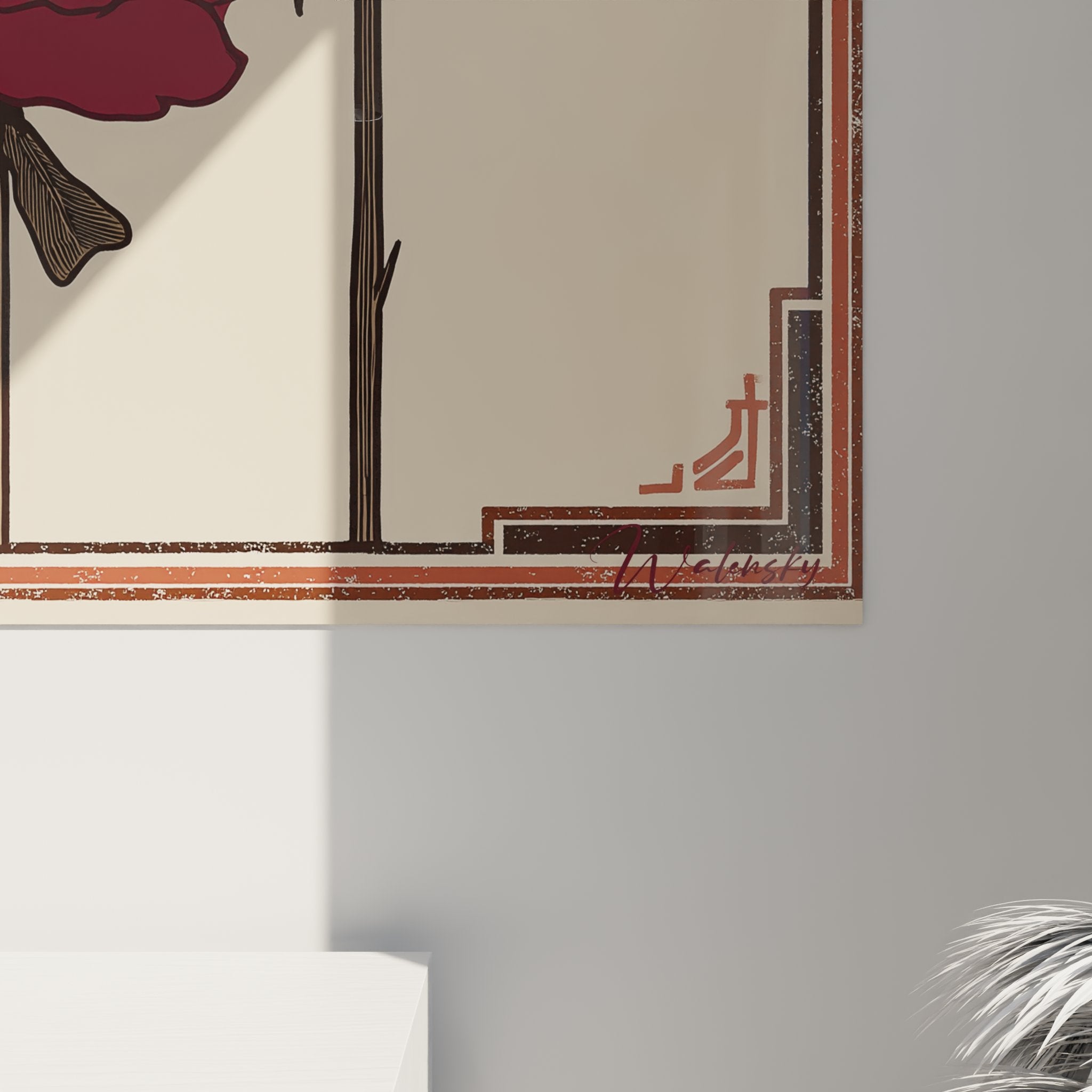 Vista d'insieme del quadro rose rosse art déco con la sua cornice decorativa dai motivi geometrici caratteristici