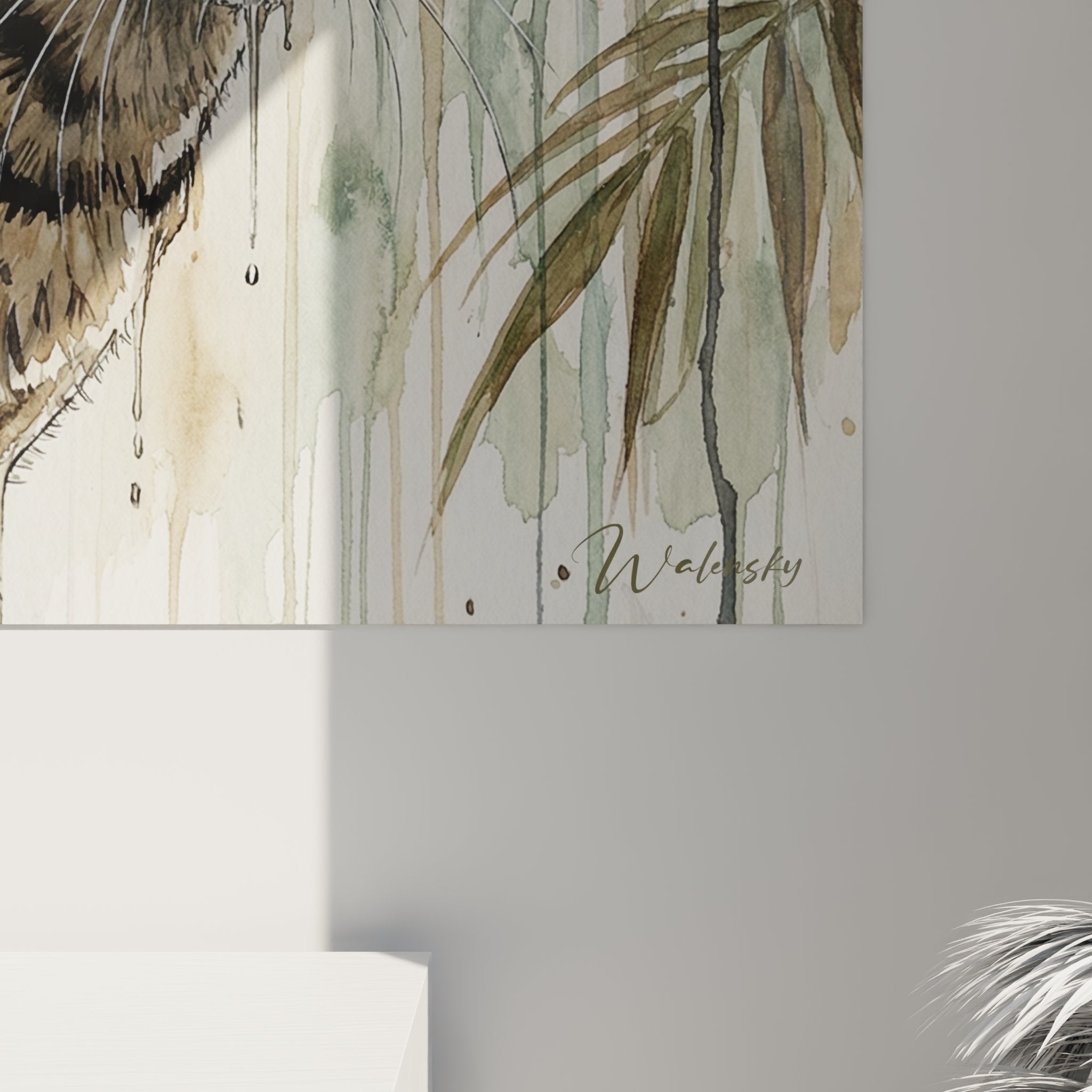 Vue ensemble tableau mural chat Chausie jungle aquarelle décoration intérieure style naturel contemporain