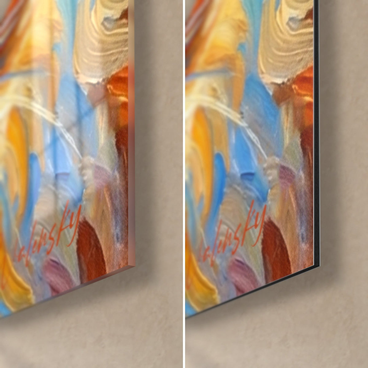 Schilderij van een Birmese kat, rechtsonder met hemelsblauwe en oranje streken, glanzend acrylglas links, mat geborsteld Dibond-aluminium rechts, 3 mm dik