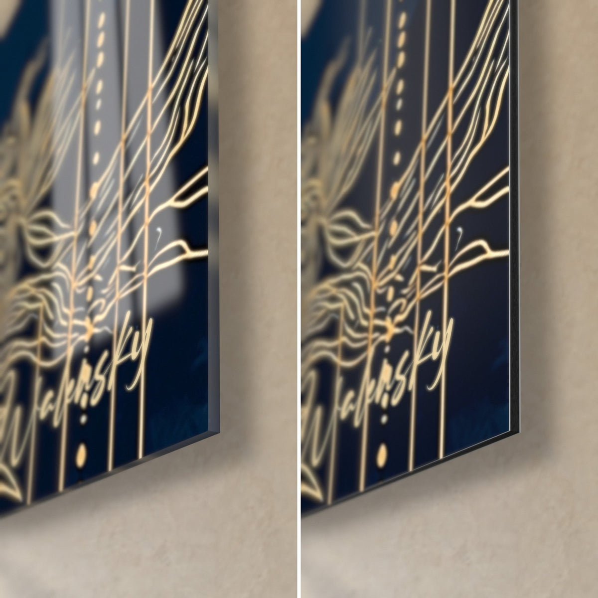 Schilderij Gouden panter op middernachtblauwe achtergrond, rechtsonder: glanzend acrylglas links, mat Dibond-aluminium rechts