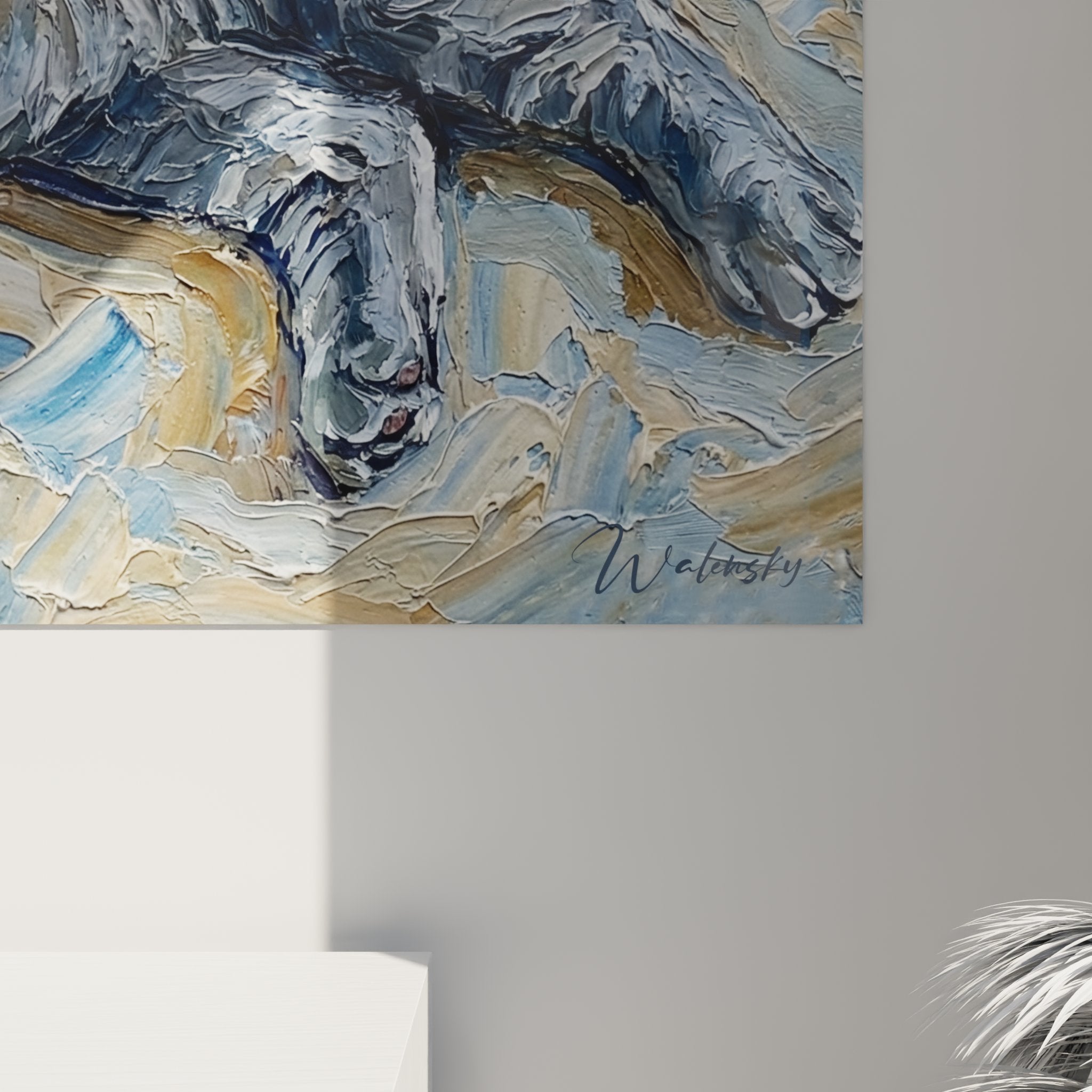 Vue d'ensemble tableau mural chat British Shorthair, œuvre d'art félin pour décoration intérieure moderne