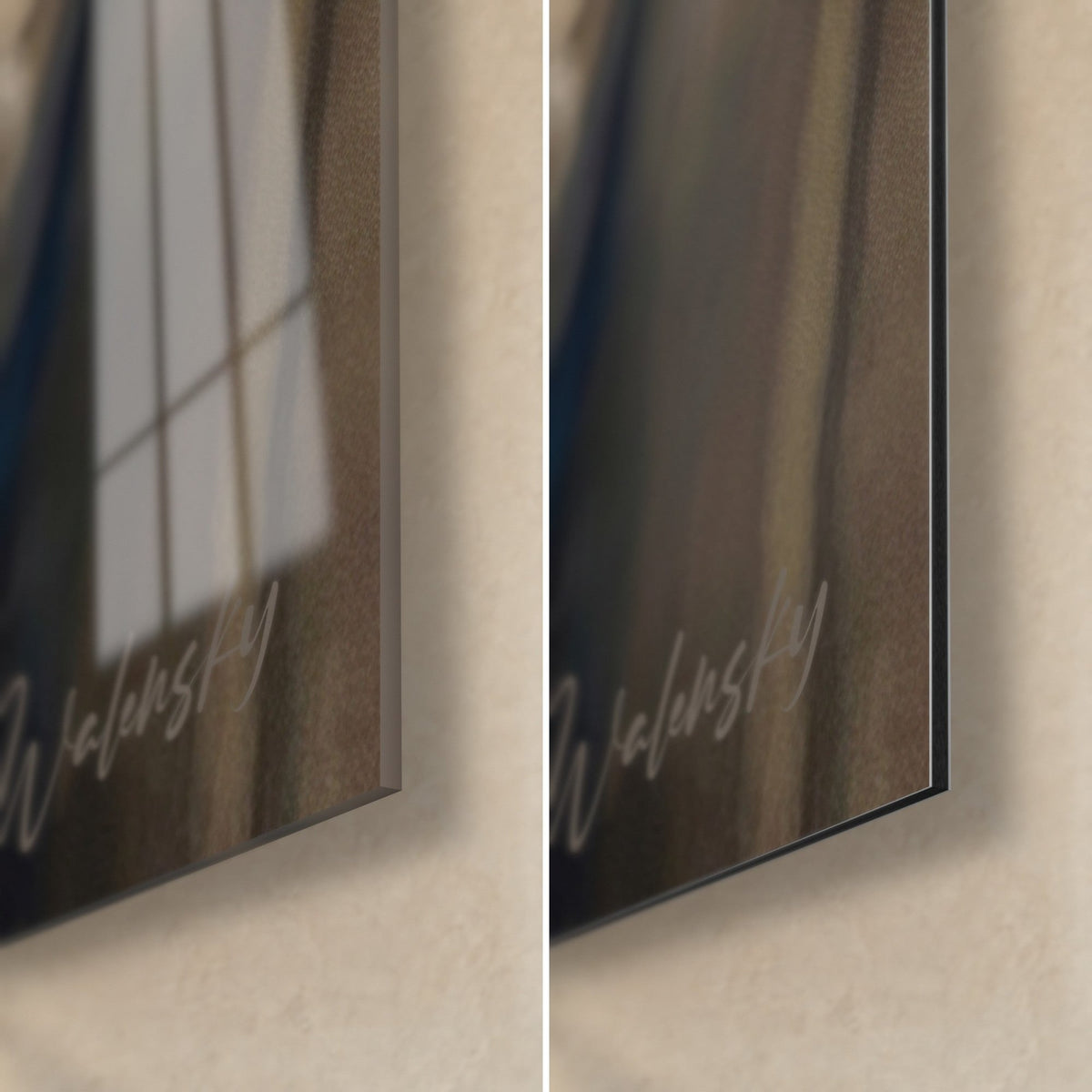 Wall art of a cream ragdoll cat on a beige sweater, bottom right corner: glossy acrylic glass on the left, matte black Dibond and 3 mm edge