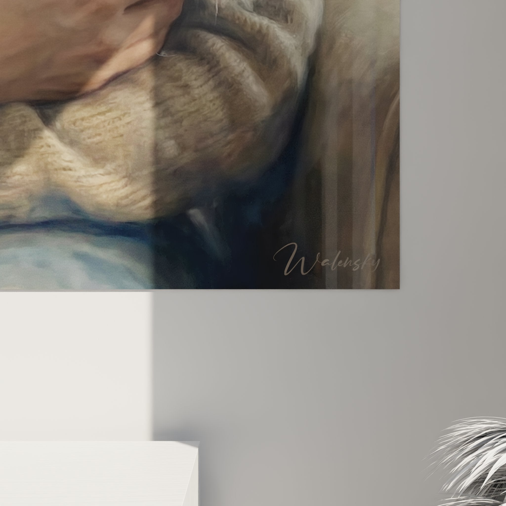 Vista d'insieme del quadro gatto Ragdoll appeso alla parete in un elegante interno contemporaneo