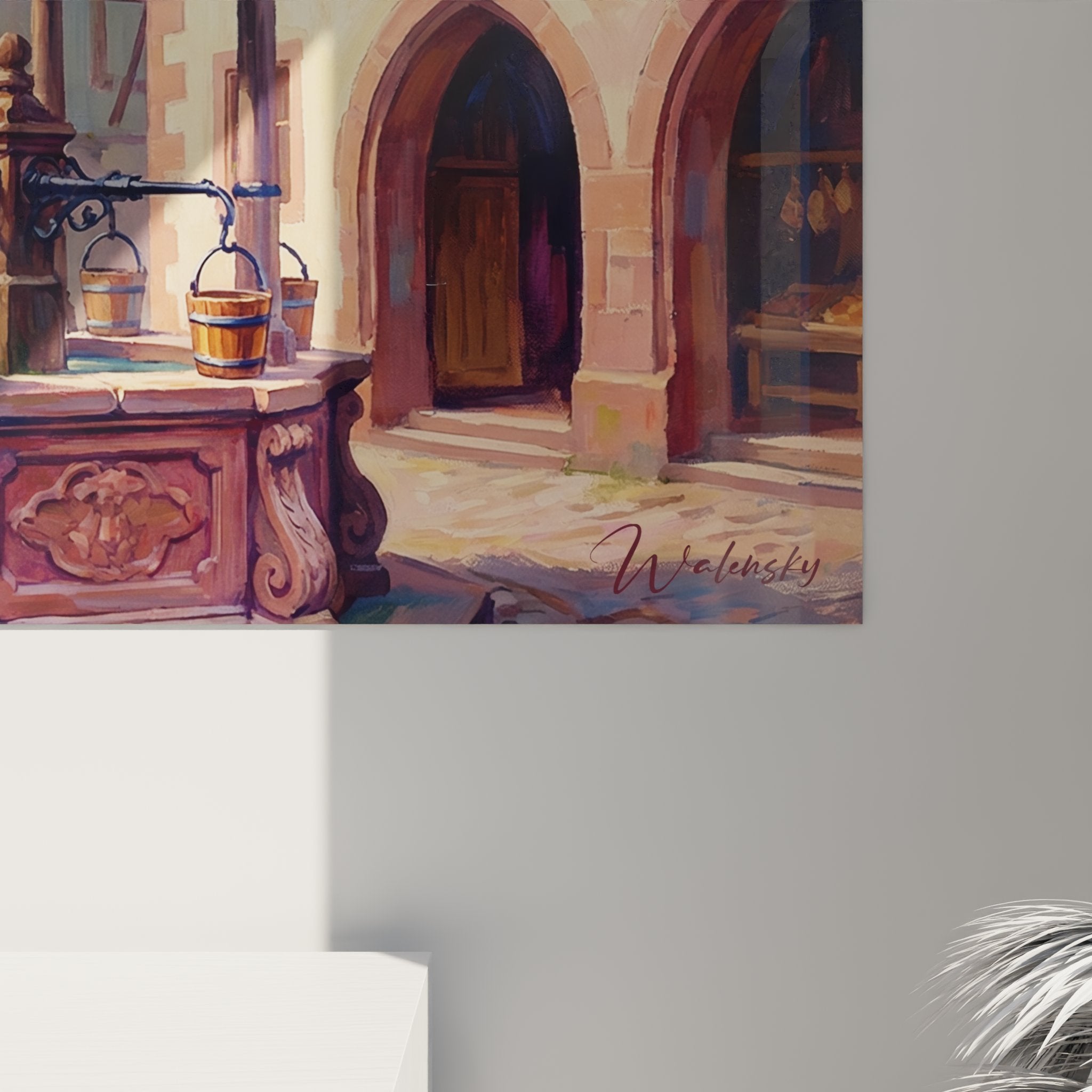 Vue ensemble tableau village médiéval alsacien avec personnages costumes époque et architecture traditionnelle