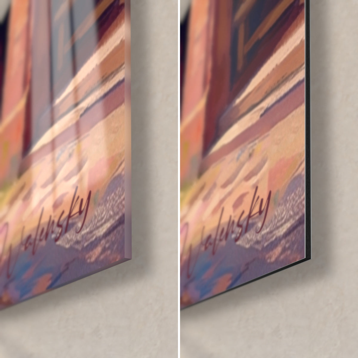 Gemälde alsatische Gasse mit rosa und ockerfarbenen Fassaden, unten rechts Ecke: glänzendes Acrylglas links, mattes Dibond rechts