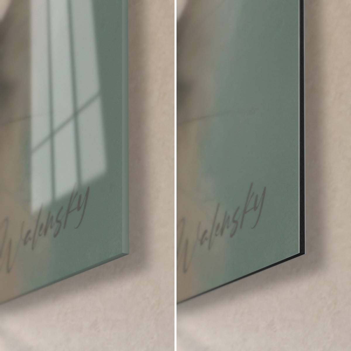 Wall art grey cat portrait, bottom right corner: glossy sage-green acrylic glass on the left, matte black Dibond and edge on the right