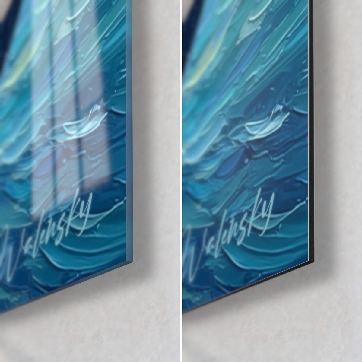 Wall art of a water skier in thick blue and white brushstrokes, bottom right corner, glossy acrylic glass and matte black Dibond