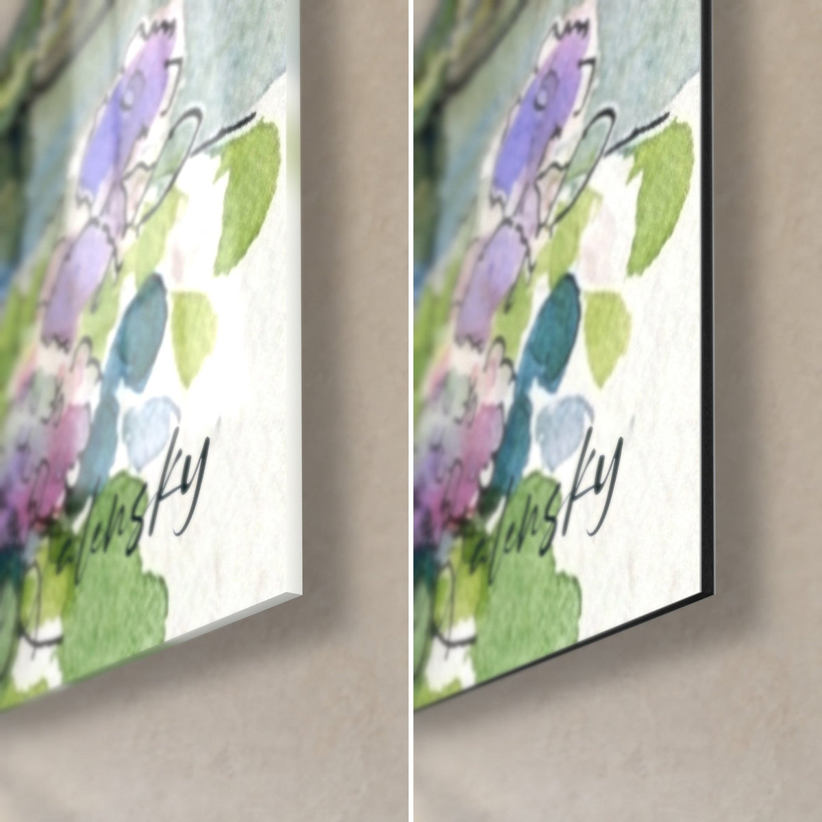 Quadro ortensie in malva e verde tenue, angolo in basso a destra, firma Walensky, vetro acrilico lucido e Dibond in alluminio opaco, spessore 3 mm