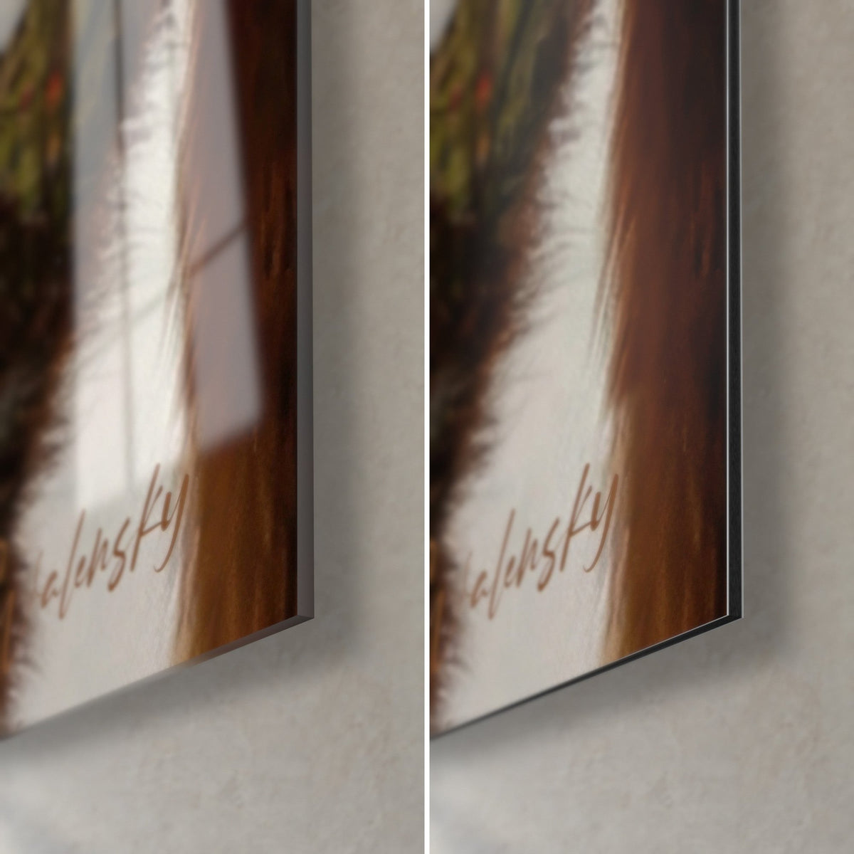 Gemälde rote Katze und beschlagenes Fenster, untere rechte Ecke: glänzendes Acrylglas links, matter Dibond rechts, 3 mm Kante