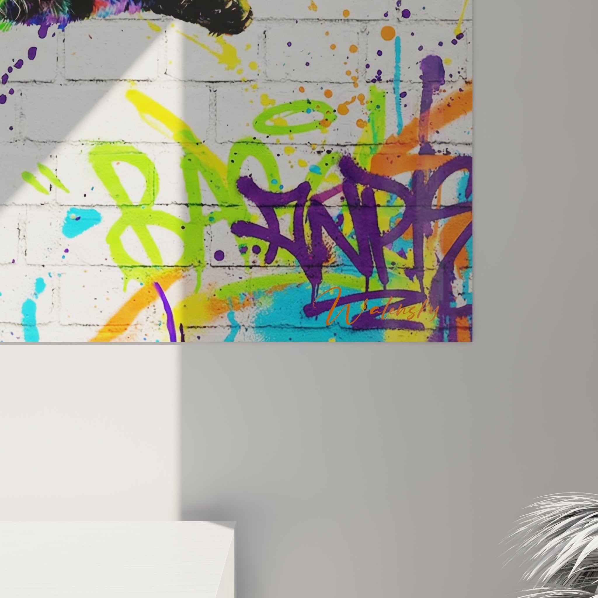 Overview wall art cat painting American Curl street art multicolor with colorful urban tags