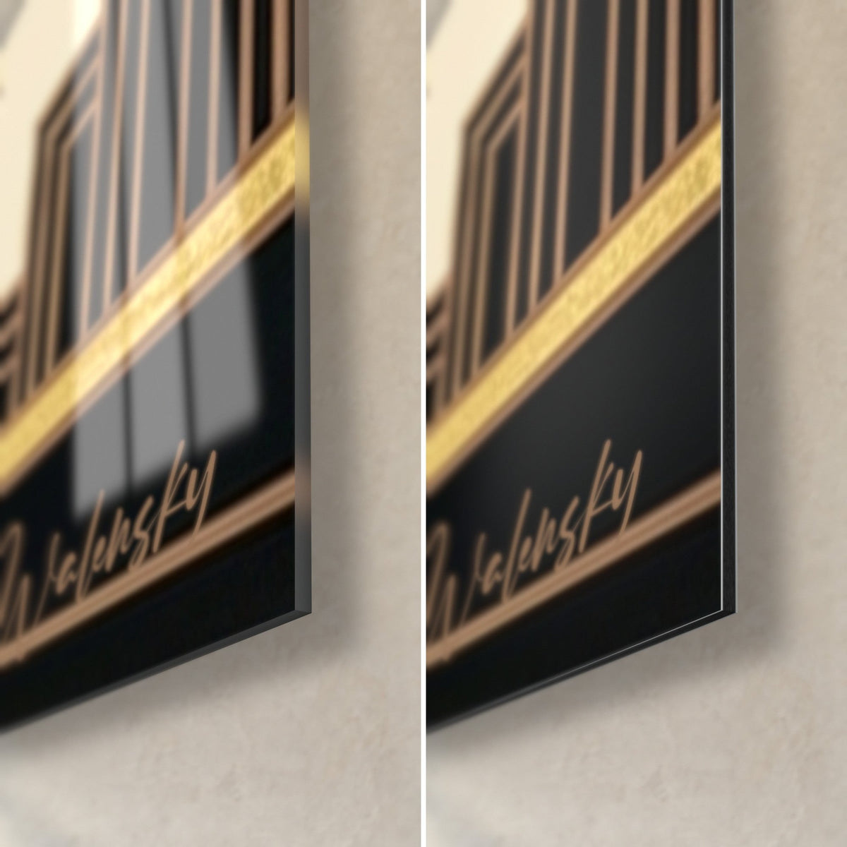 Gemälde Polo im Art-Déco-Stil auf glänzendem Glas und mattem Dibond-Alu, schwarz-goldene Ecke unten rechts mit Walensky-Signatur und 3 mm Kante