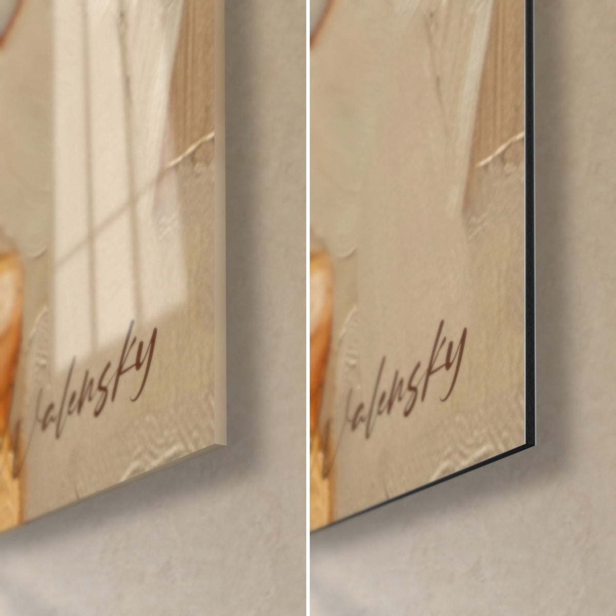 Tableau archer en peinture à l'huile, coin bas droit : verre acrylique brillant à gauche, Dibond mat beige à droite