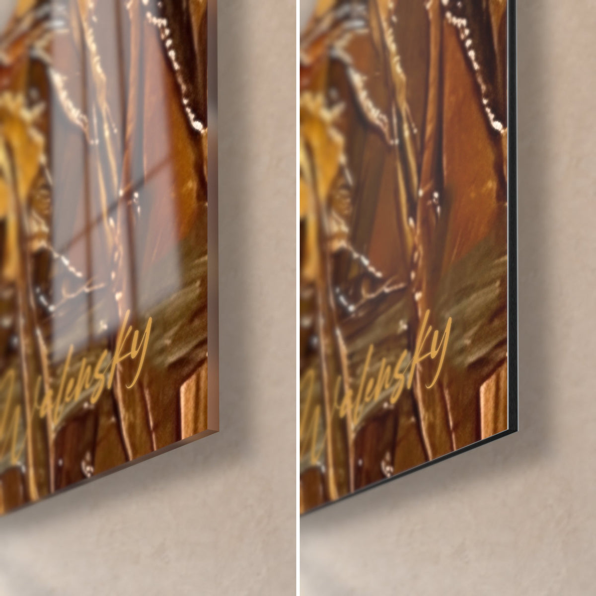 Quadro di un ciuffo di canne ambra e marrone ramato, firma dorata, angolo in basso a destra in vetro lucido e Dibond opaco, spessore 3 mm