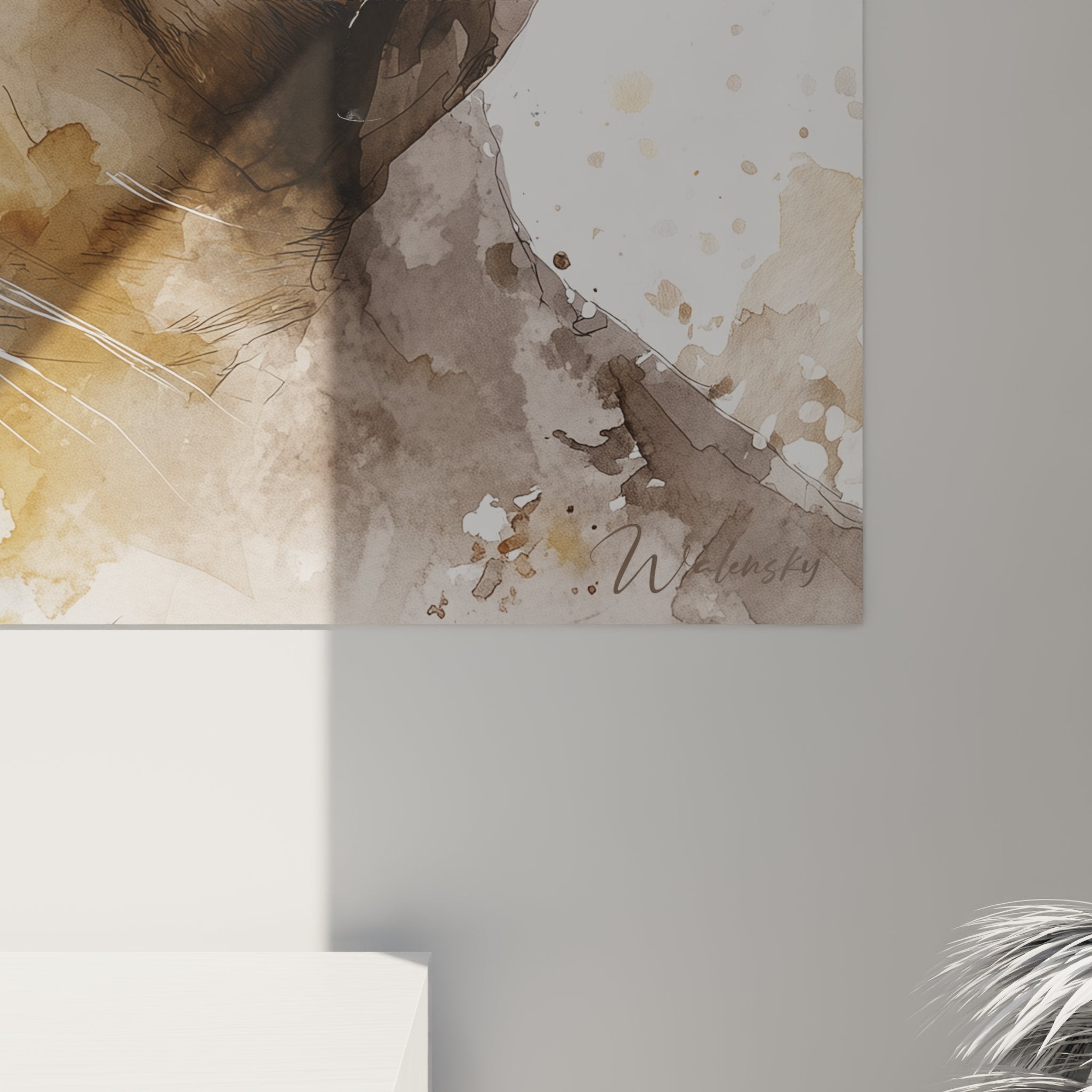 Vue ensemble tableau mural chat Singapura aquarelle dans salon moderne decoration murale